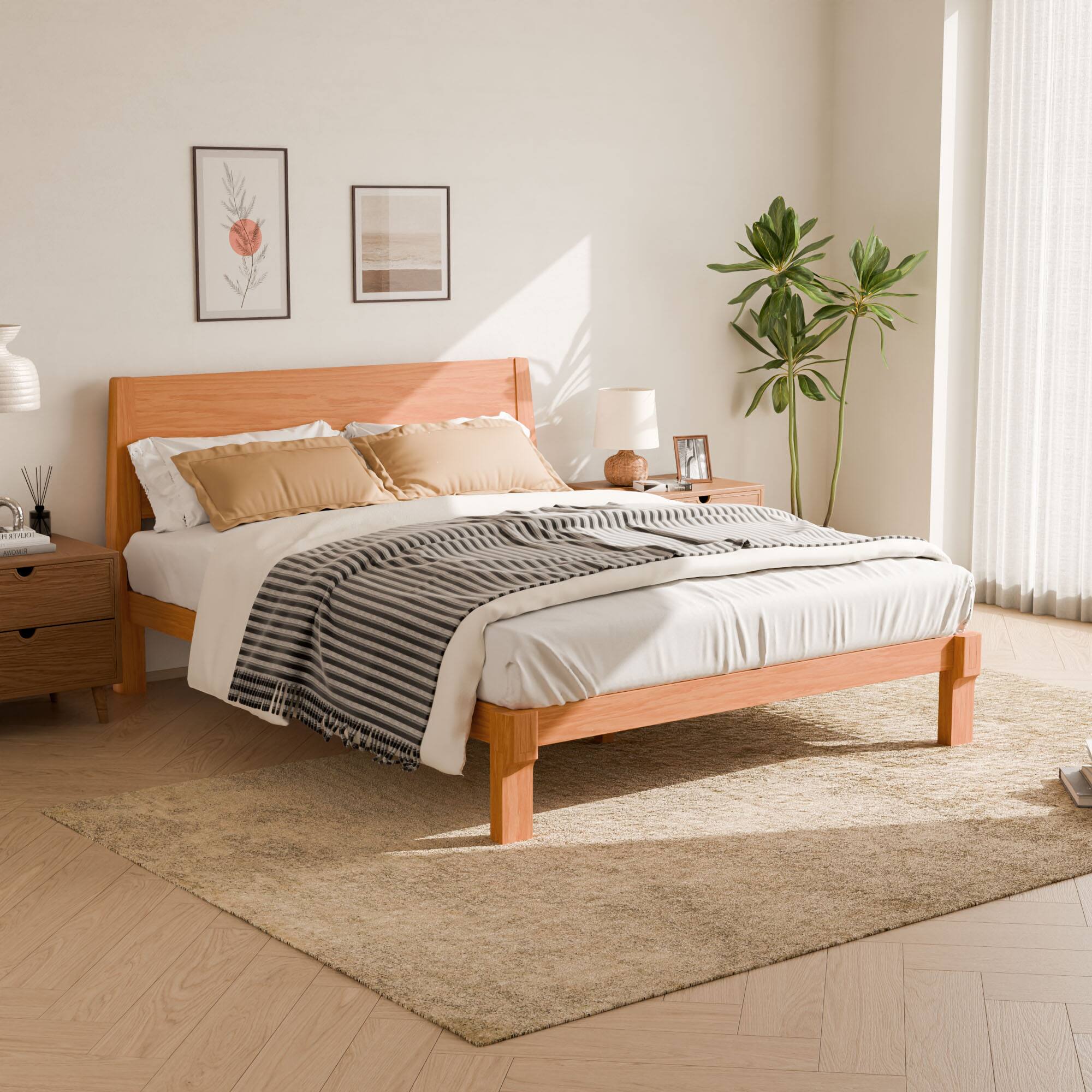 Angle. FlexiSpot - Kana Japanese Joinery Solid Wood Platform Bed Frame with Headboard - Oak.