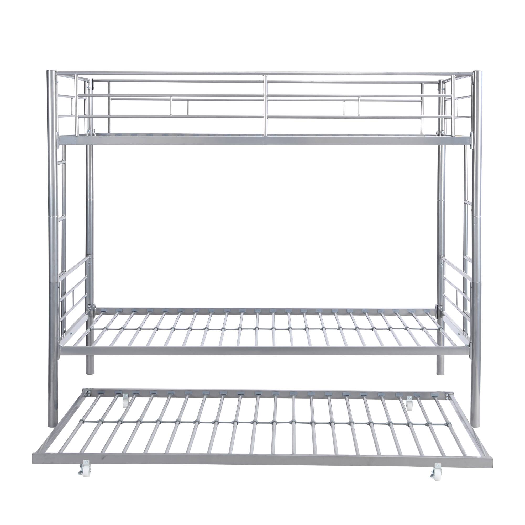 Left. GOODSILO - Space-Saving Twin Over Twin Metal Bunk Bed with Trundle for Kids and Teens Bedroom - Silver.