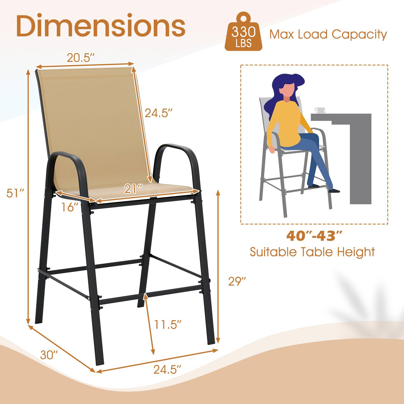 Dimensions:
- Height: 51"
- Seat Height: 29"
- Width: 24.5"
- Depth: 20.5"
- Armrest Height: 21"
- Seat Depth: 16"
- Base Width: 30"
- Base Depth: 24.5"
- Base Height: 11.5"

Max Load Capacity: 330 LBS

Suitable Table Height: 40" - 43"