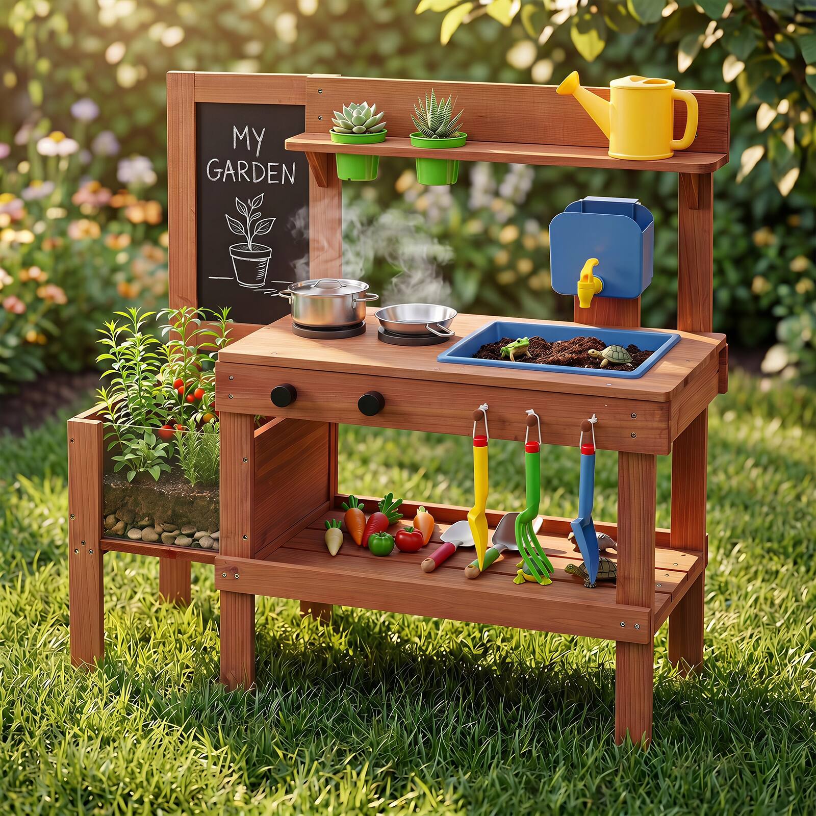 Alt View 3. Costway - Costway Kids Mud Kitchen with Planter Box, Sink, Stoves, Chalkboard & 13 Accessories - Natural.