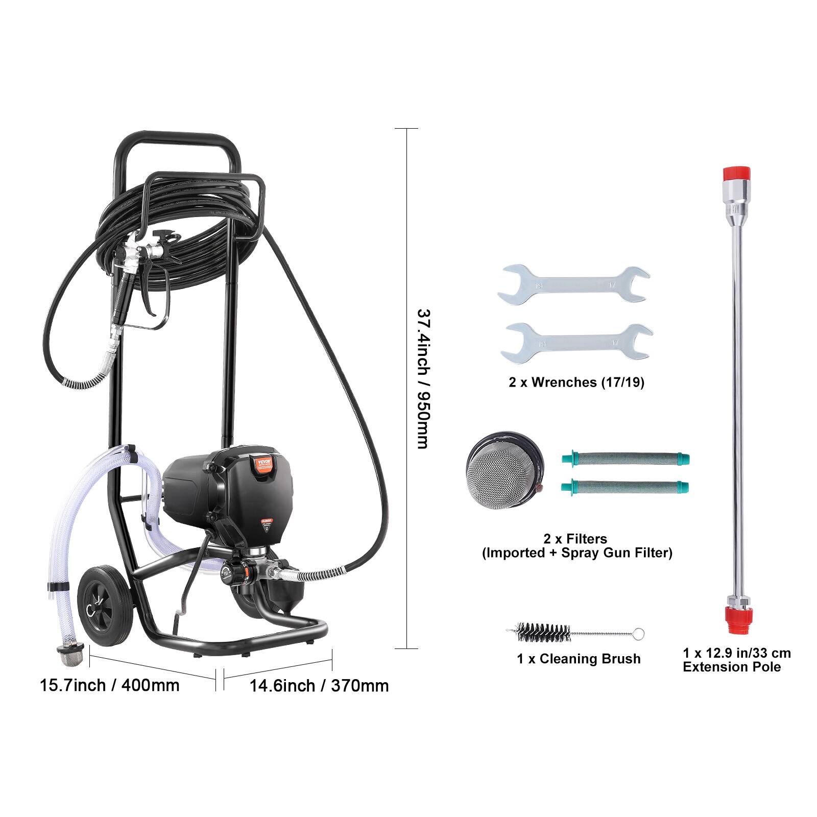 37.4inch / 950mm

2 X Wrenches (17/19)

2 X Filters (Imported + Spray Gun Filter)

15.7inch / 400mm

14.6inch / 370mm

1 X Cleaning Brush

1 X 12.9 in/33 cm Extension Pole