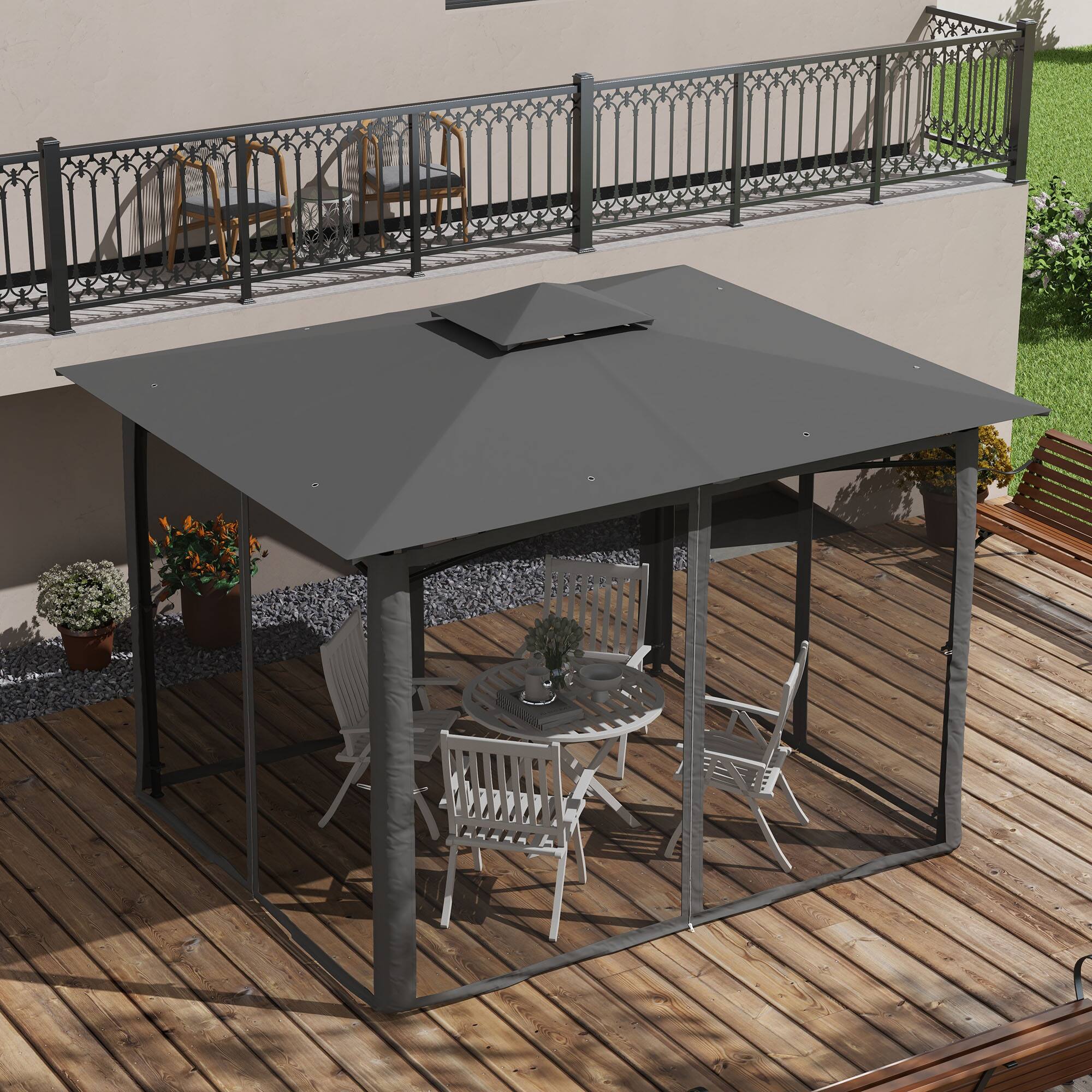 Alt View 7. Outsunny - 10' x 12' Patio Gazebo with Netting, Double Roof Outdoor Gazebo Canopy Shelter, Solid Metal Frame - Dark Gray.