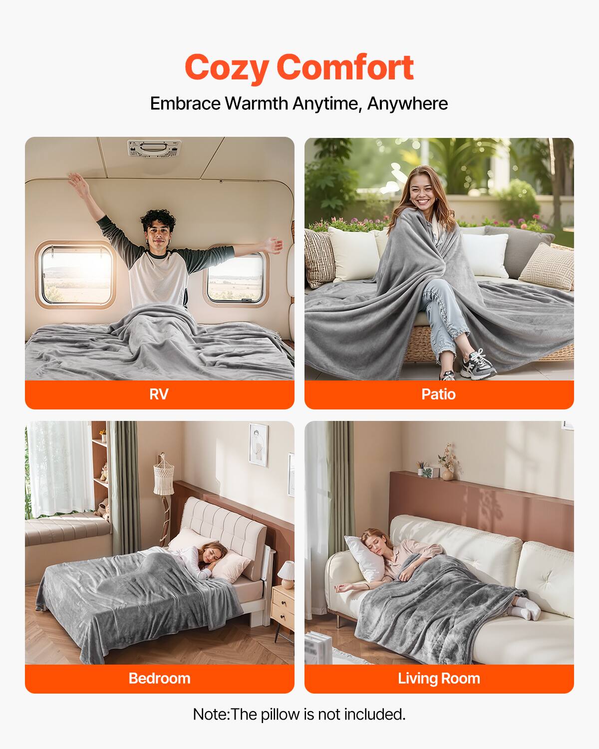 Cozy Comfort  
Embrace Warmth Anytime, Anywhere  

RV  
Patio  
Bedroom  
Living Room  

Note: The pillow is not included.