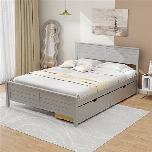 Angle. Hivvago - Full Size Grey Platform Bed Frame with 2 Storage Drawers - Grey.