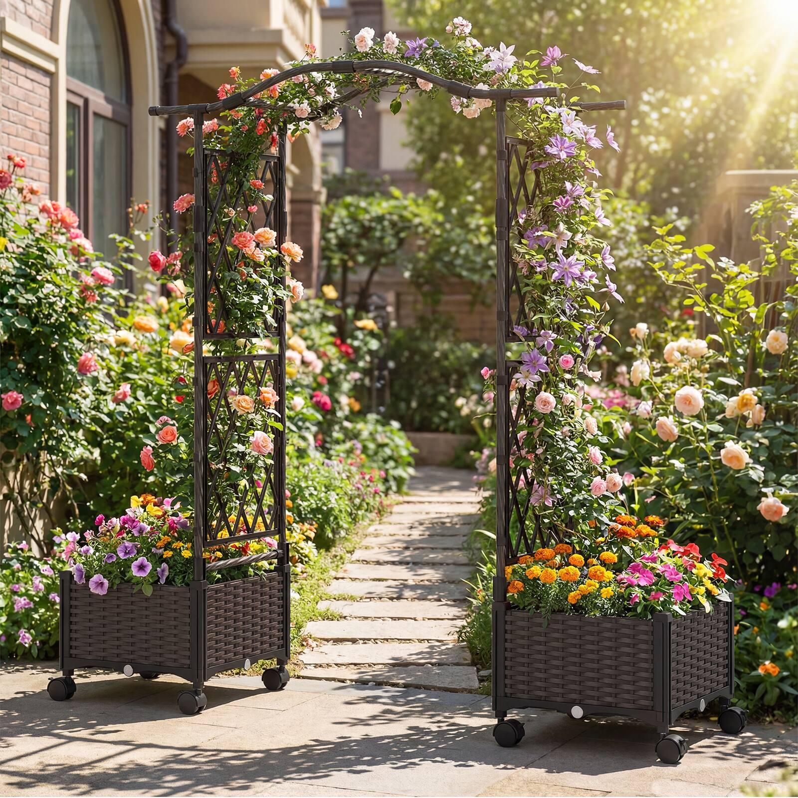 Alt View 4. Gymax - Gymax 5 FT Self-Watering Planter Boxes w/ Lattice Trellis & Roof Lockable Wheels - Brown.
