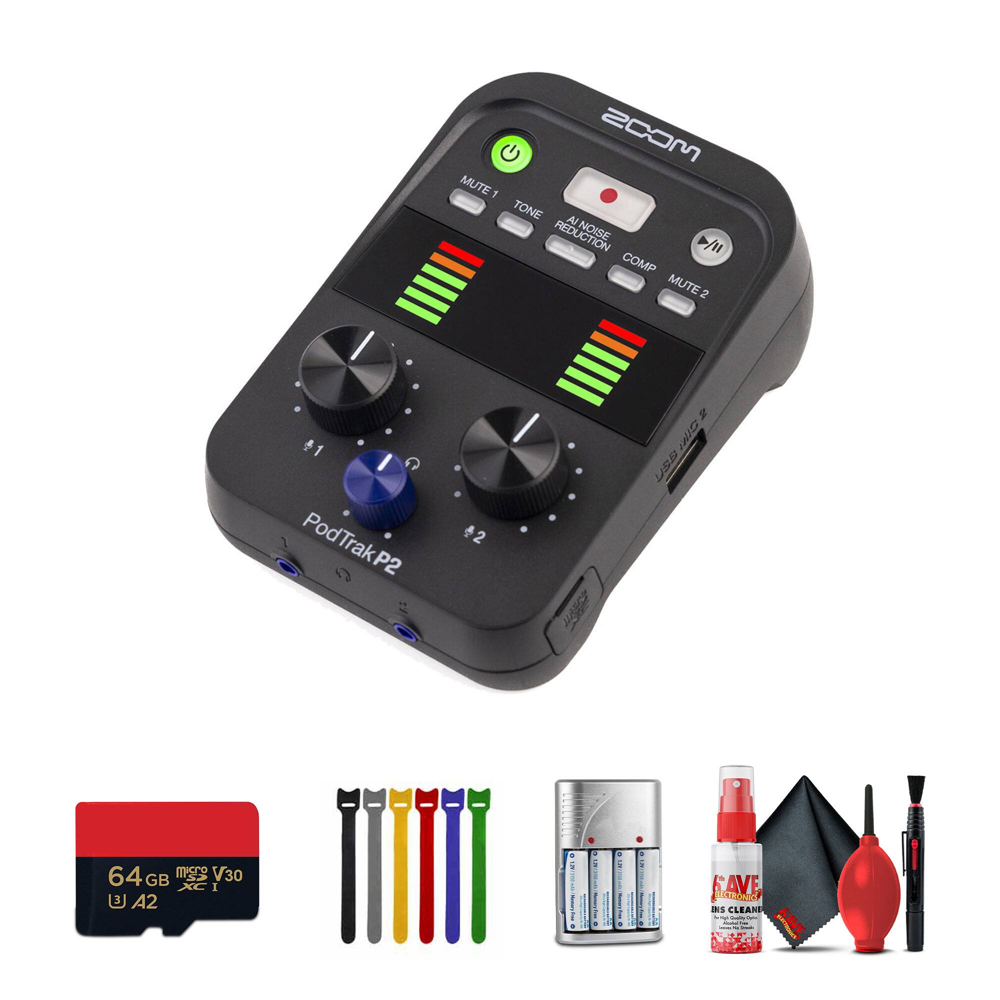 - Zoom PodTrak P2
- 64GB SD Card (V30, A2)
- Tone, Noise Reduction, Comp, Mute 1, Mute 2
- USB 2.0
- 9V Battery
- Screwdriver Set
- Lens Cleaning Spray
- Cleaning Cloth