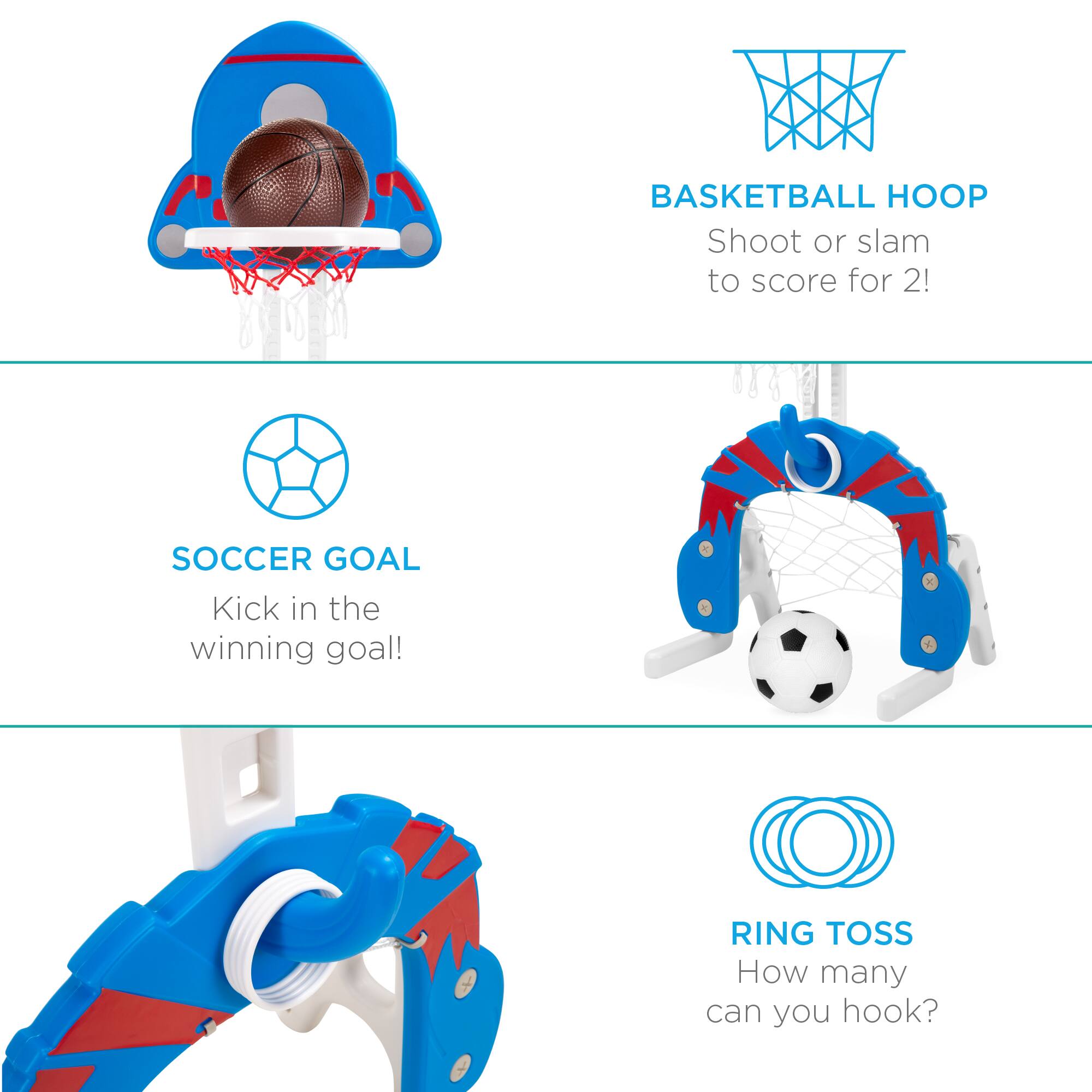 BASKETBALL HOOP  
Shoot or slam to score for 2!

SOCCER GOAL  
Kick in the winning goal!

RING TOSS  
How many can you hook?