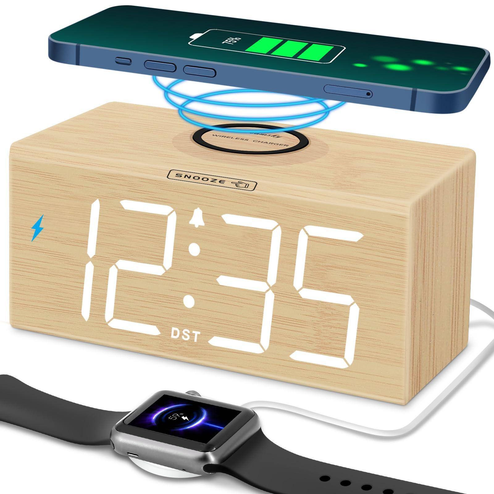 Cedar Assembly - Wooden Digital Alarm Clock With Wireless Charging For Bedroom Bedside Nightstand Station Usb Port Numbers - Bamboo