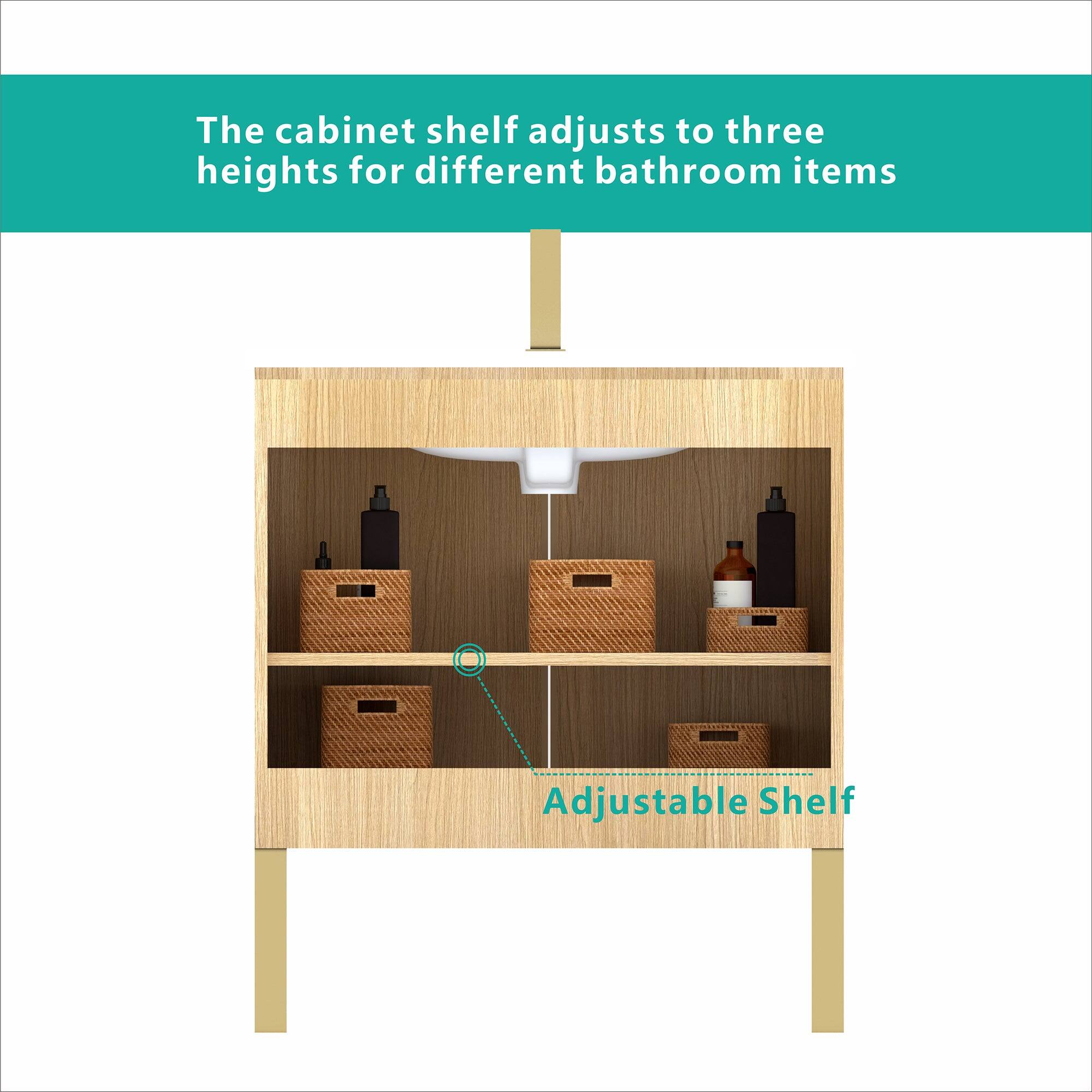 The cabinet shelf adjusts to three heights for different bathroom items

Adjustable Shelf