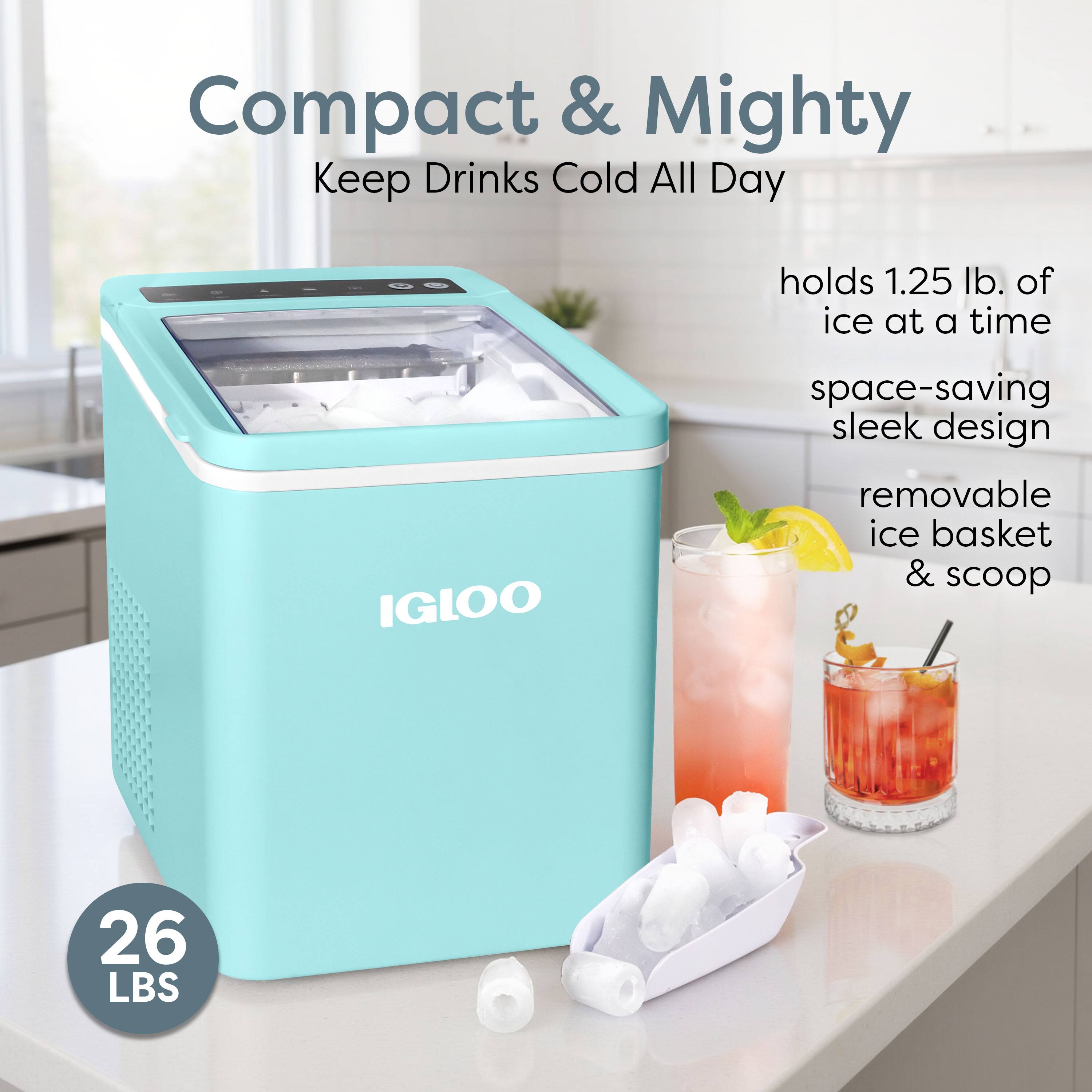 Compact & Mighty  
Keep Drinks Cold All Day  

- holds 1.25 lb. of ice at a time  
- space-saving sleek design  
- removable ice basket & scoop  

26 LBS