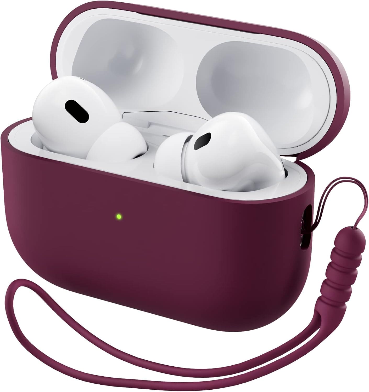 Front. Ornarto - ORNARTO for AirPods Pro 2 Case (2022), Protective Liquid Silicone Cover with Lanyard, Front LED Visible Case-WineRed - WineRed.