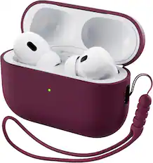 Front. Ornarto - ORNARTO for AirPods Pro 2 Case (2022), Protective Liquid Silicone Cover with Lanyard, Front LED Visible Case-WineRed - WineRed.