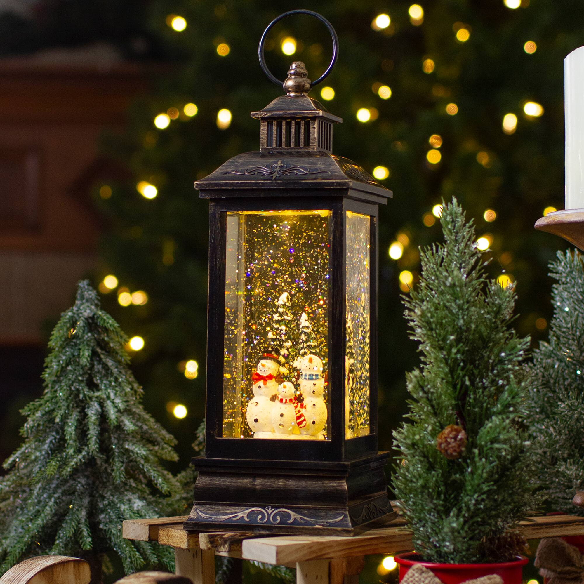 Alt View 1. Northlight - LED Snowman Family Brushed Christmas Lantern Snow Globe - 11" - Black and Gold - Black.