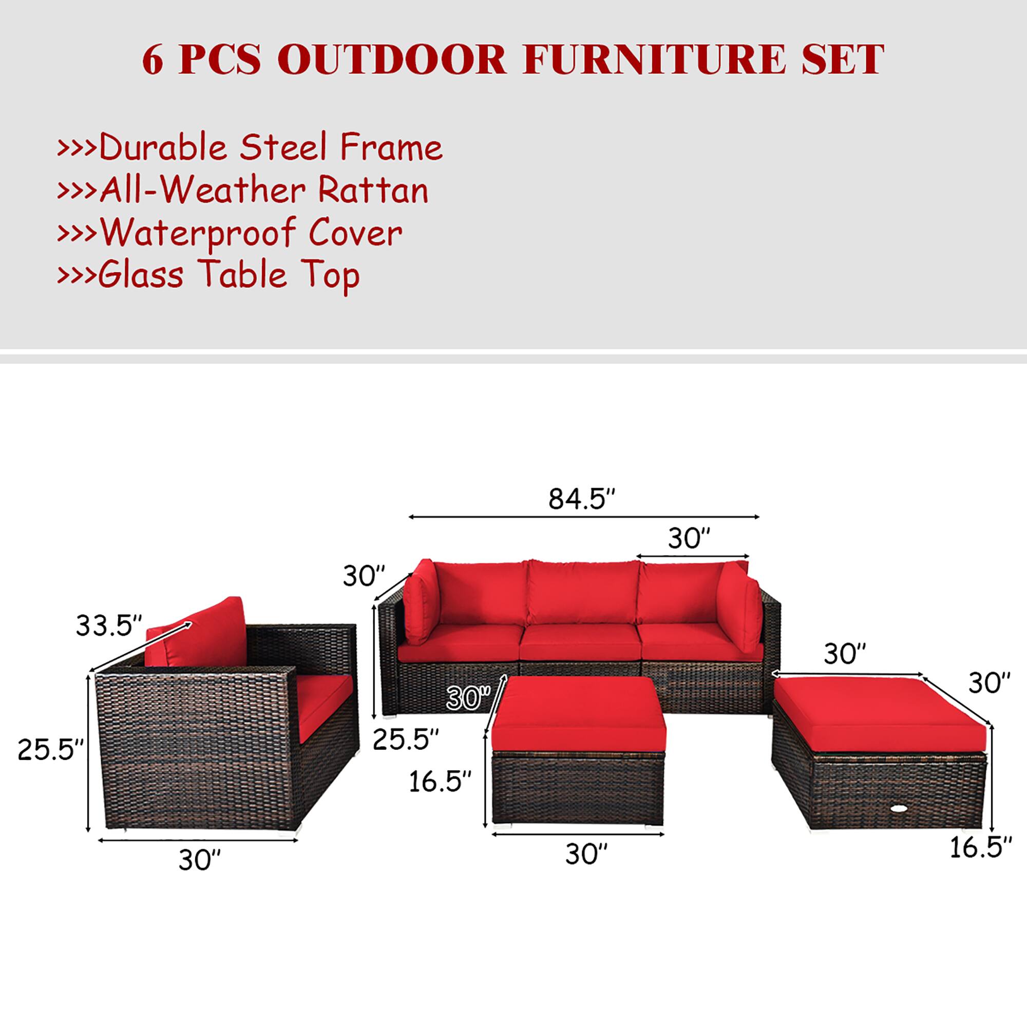 The text on the image is grouped and corrected as follows:

"6 PCS OUTDOOR FURNITURE SET: Durable Steel Frame, All-Weather Rattan, Waterproof Cover, Glass Table Top (30" x 84.5" x 30" x 33.5" x 25.5" x 30" x 25.5" x 16.5" x 30" x 30" x 30" x 30" x 16.5")"