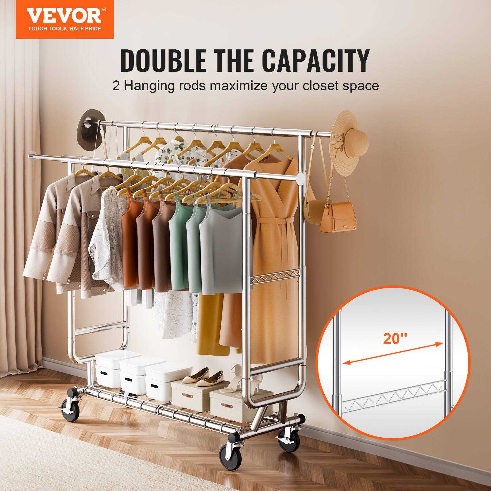 VEVOR TOUGH TOOLS. HALF PRICE DOUBLE THE CAPACITY 2 Hanging rods maximize your closet space 20"