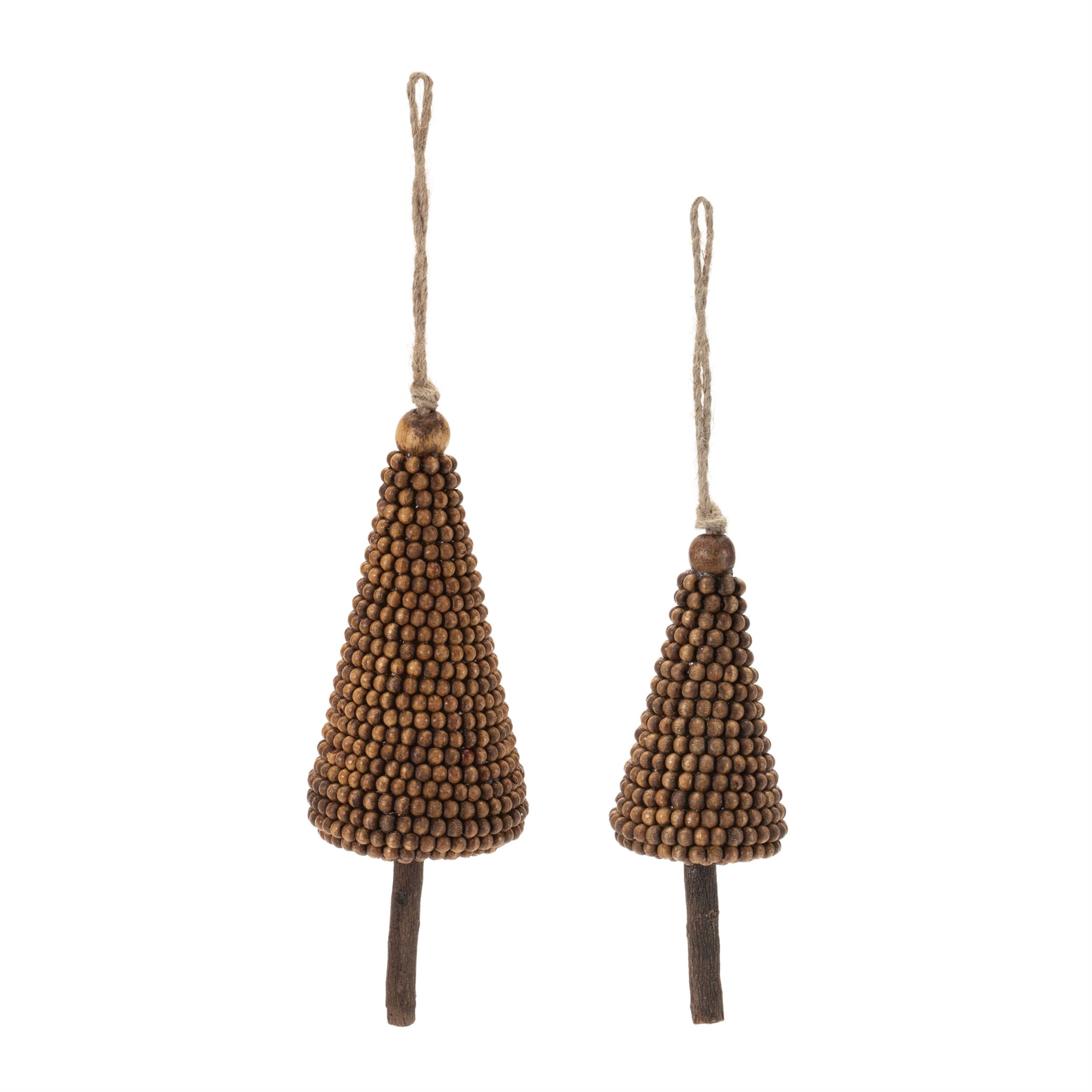 Angle. BreeBe - Wood Beaded Pine Tree Ornament (Set of 4) - Brown.
