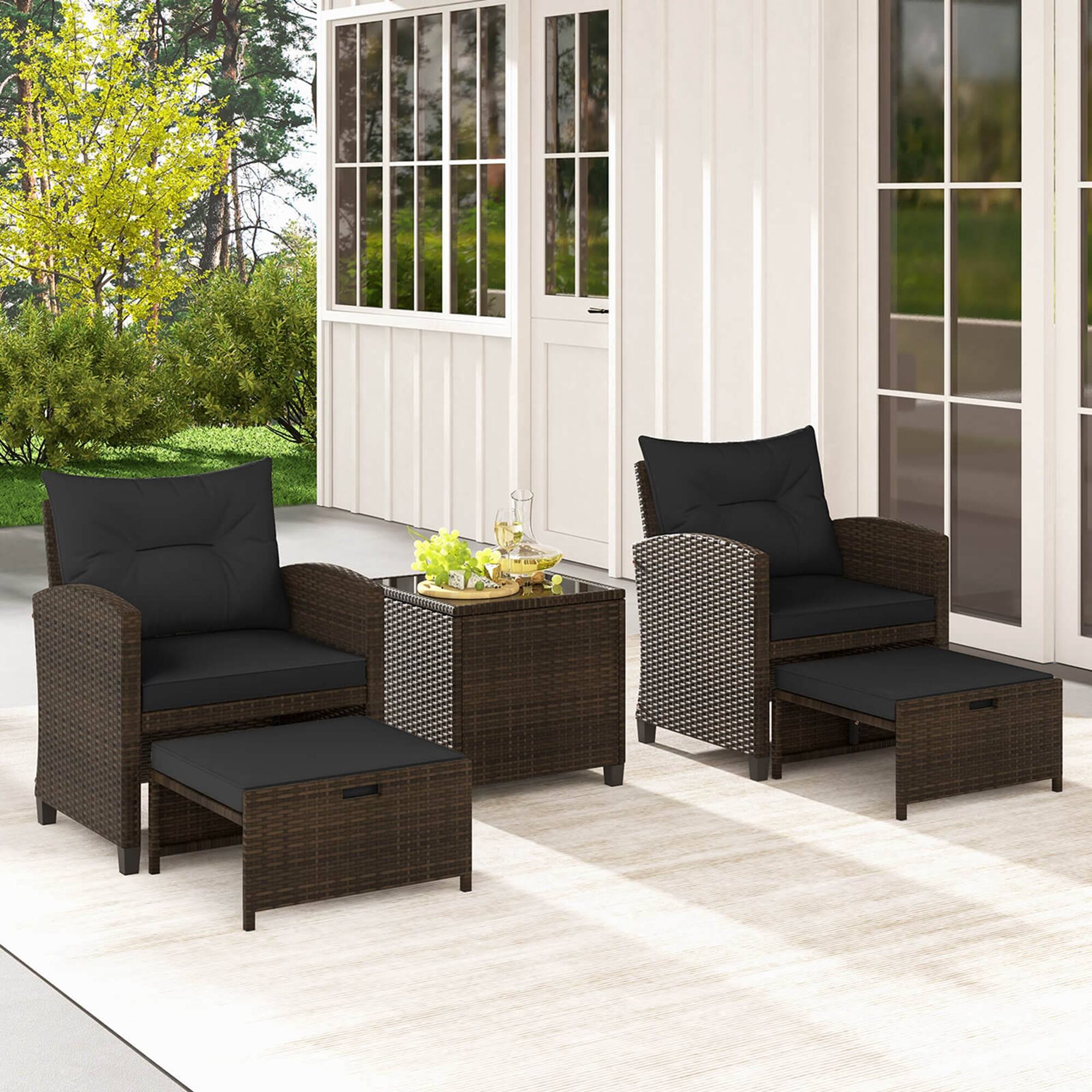 Alt View 3. Costway - 5 Piece Patio Rattan Furniture with 2 Ottomans & Tempered Glass Coffee Table - Black + Mix Brown.