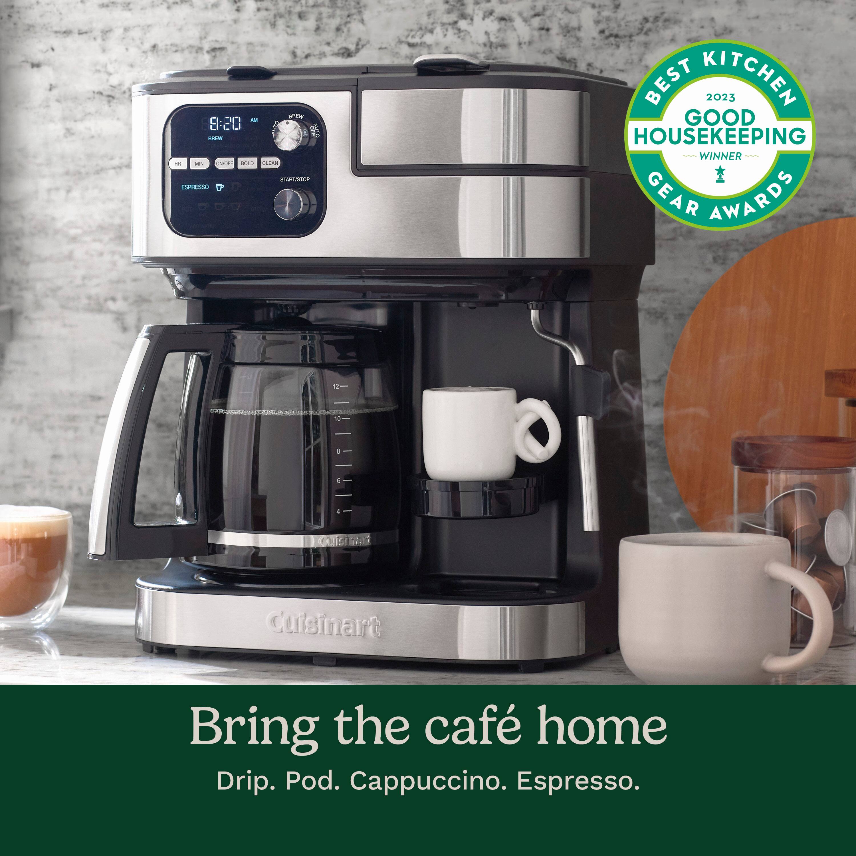 The text on the image reads: "Bring the café home. Drip. Pod. Cappuccino. Espresso."