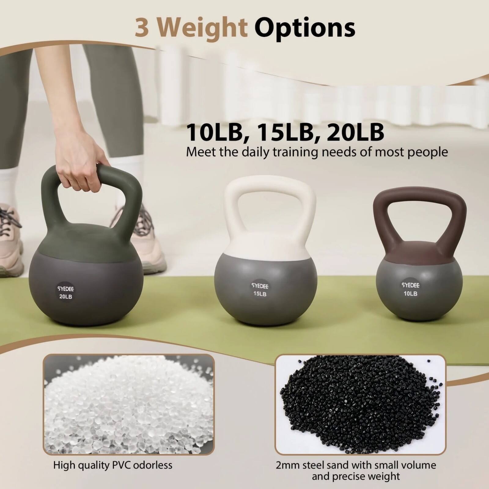 3 Weight Options  
10LB, 15LB, 20LB  
Meet the daily training needs of most people  

SYDEE 20LB  
SYDEE 15LB  
SYDEE 10LB  

High quality PVC odorless  
2mm steel sand with small volume and precise weight
