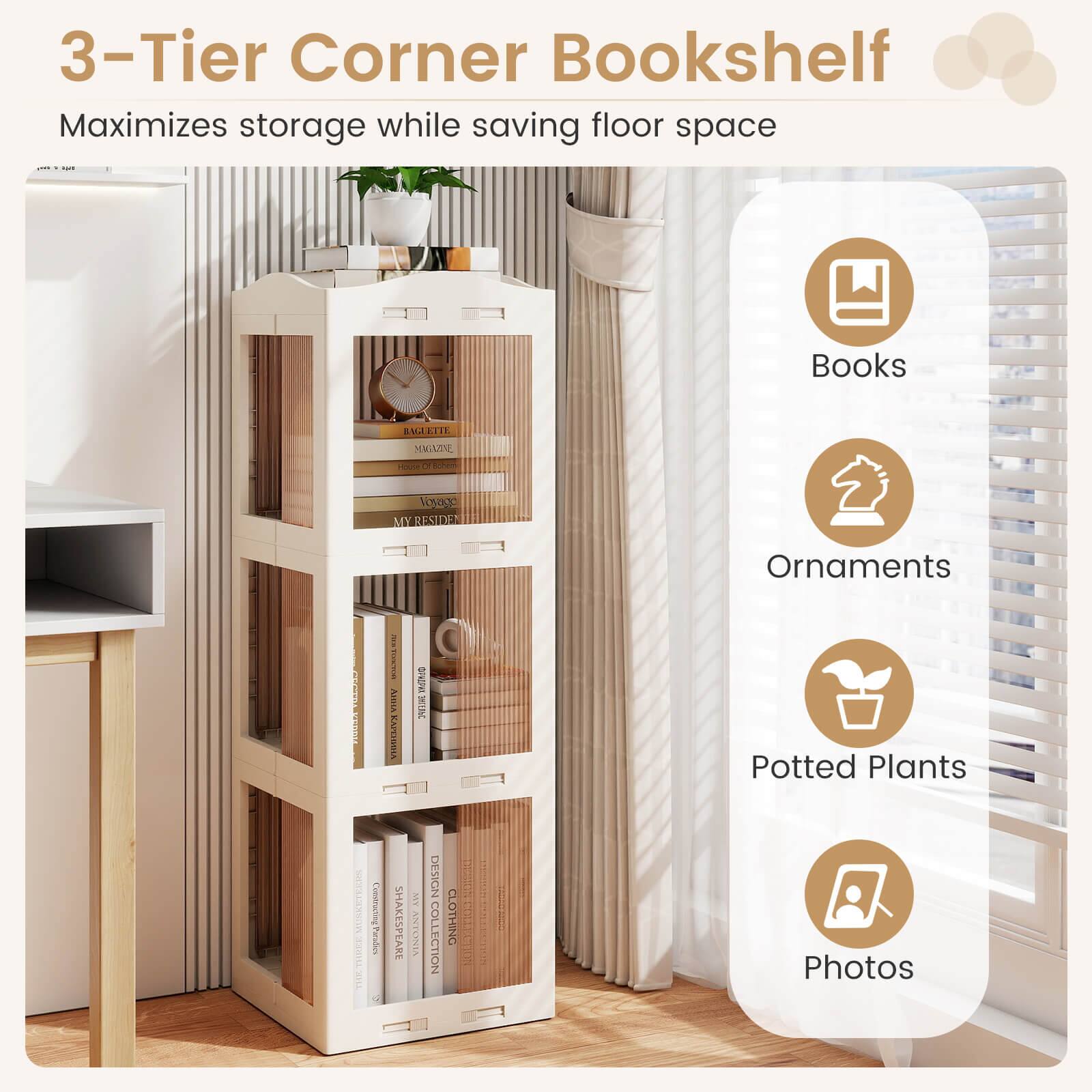 3-Tier Corner Bookshelf  
Maximizes storage while saving floor space  

Books  
Ornaments  
Potted Plants  
Photos