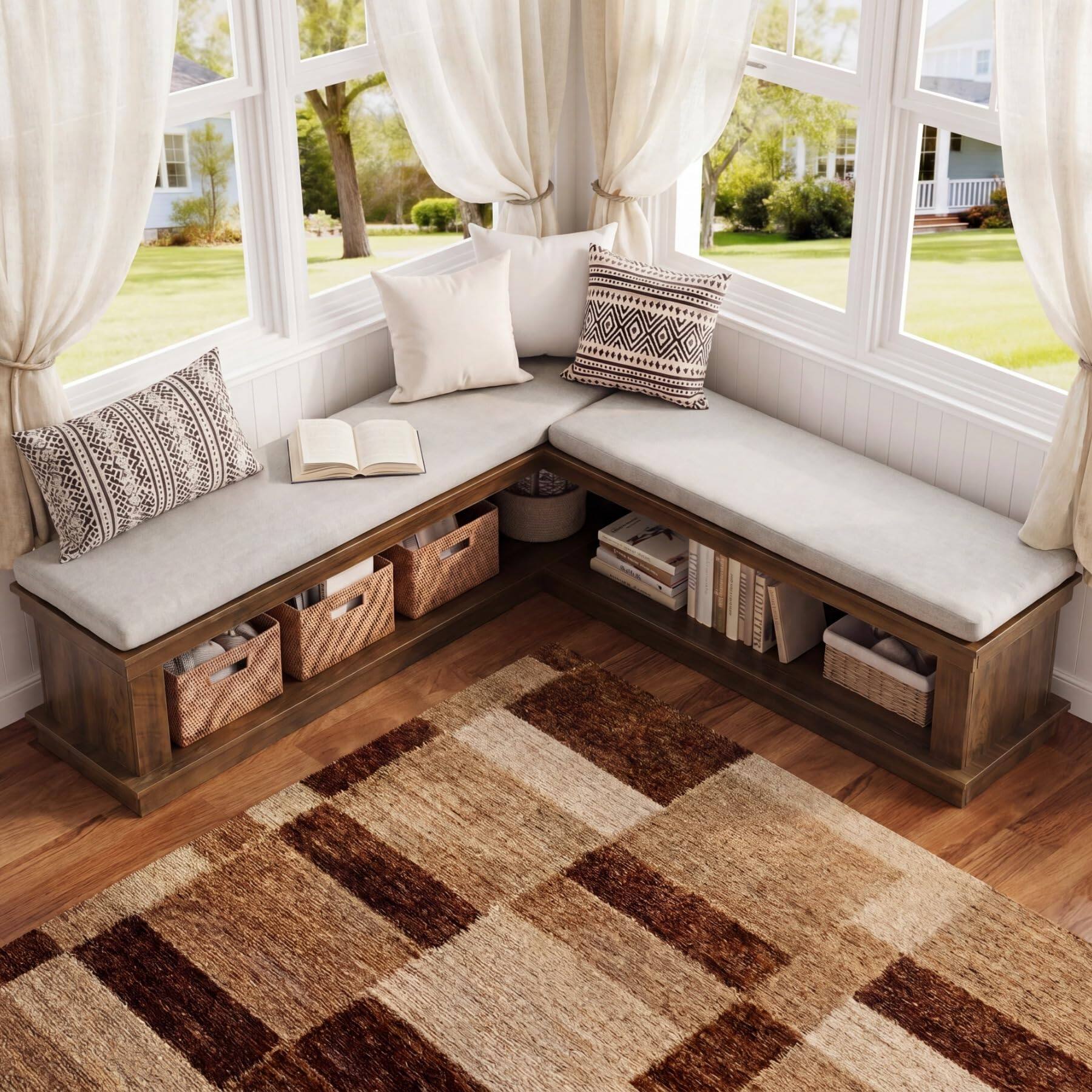 Back. Tribesigns - 55" L-Shaped Corner Storage Bench with Cushion - Rustic Brown & White.
