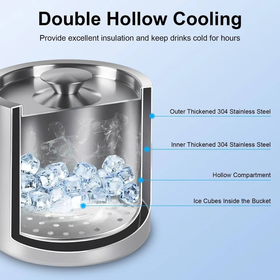 Double Hollow Cooling  
Provide excellent insulation and keep drinks cold for hours  

Outer Thickened 304 Stainless Steel  
Inner Thickened 304 Stainless Steel  
Hollow Compartment  
Ice Cubes Inside the Bucket