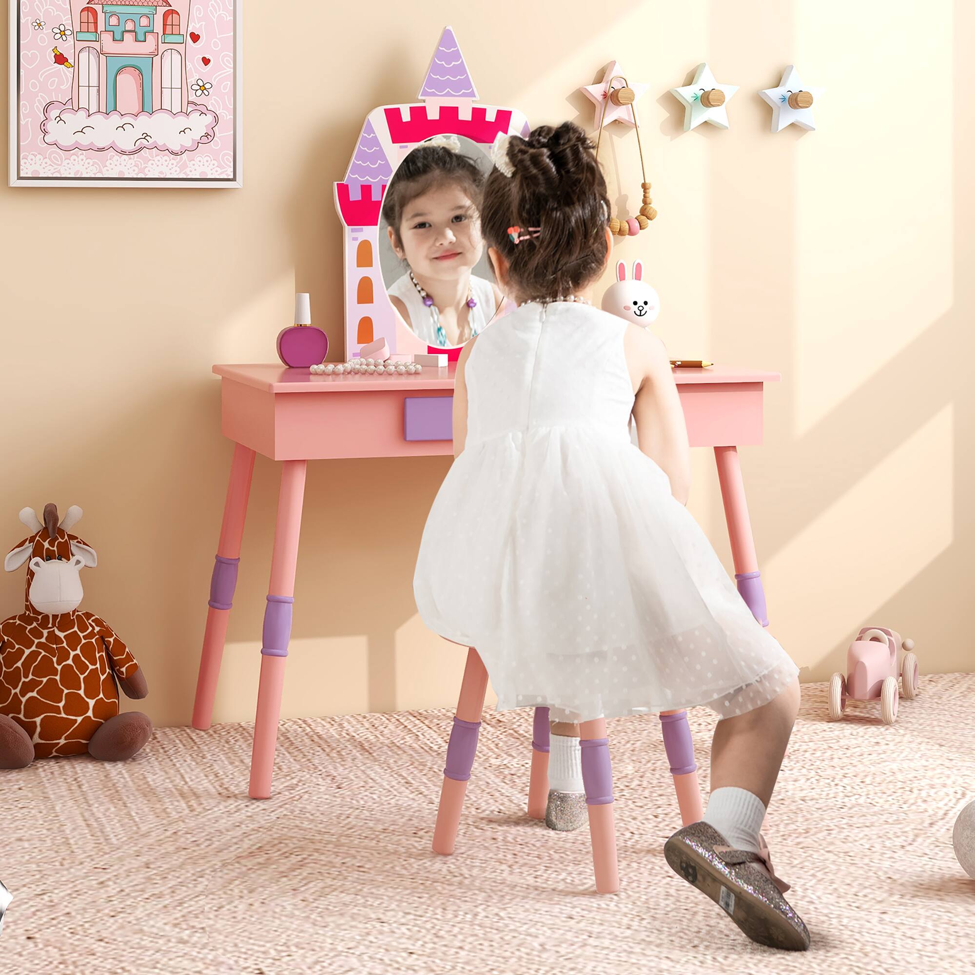 Alt View 3. Costway - Costway Kids Vanity Set Princess Makeup Pretend Play Dressing Mirror Castle Girls - Pink.