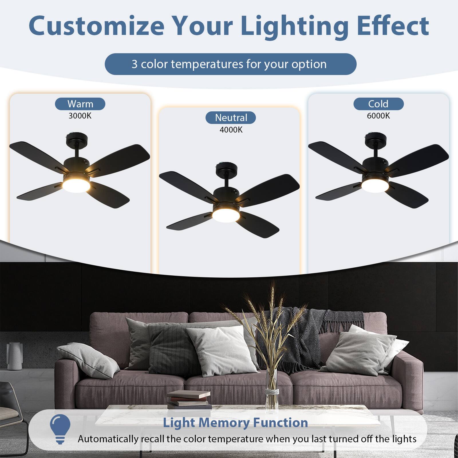 Customize Your Lighting Effect

3 color temperatures for your option

Warm 3000K  
Neutral 4000K  
Cold 6000K

Light Memory Function  
Automatically recall the color temperature when you last turned off the lights