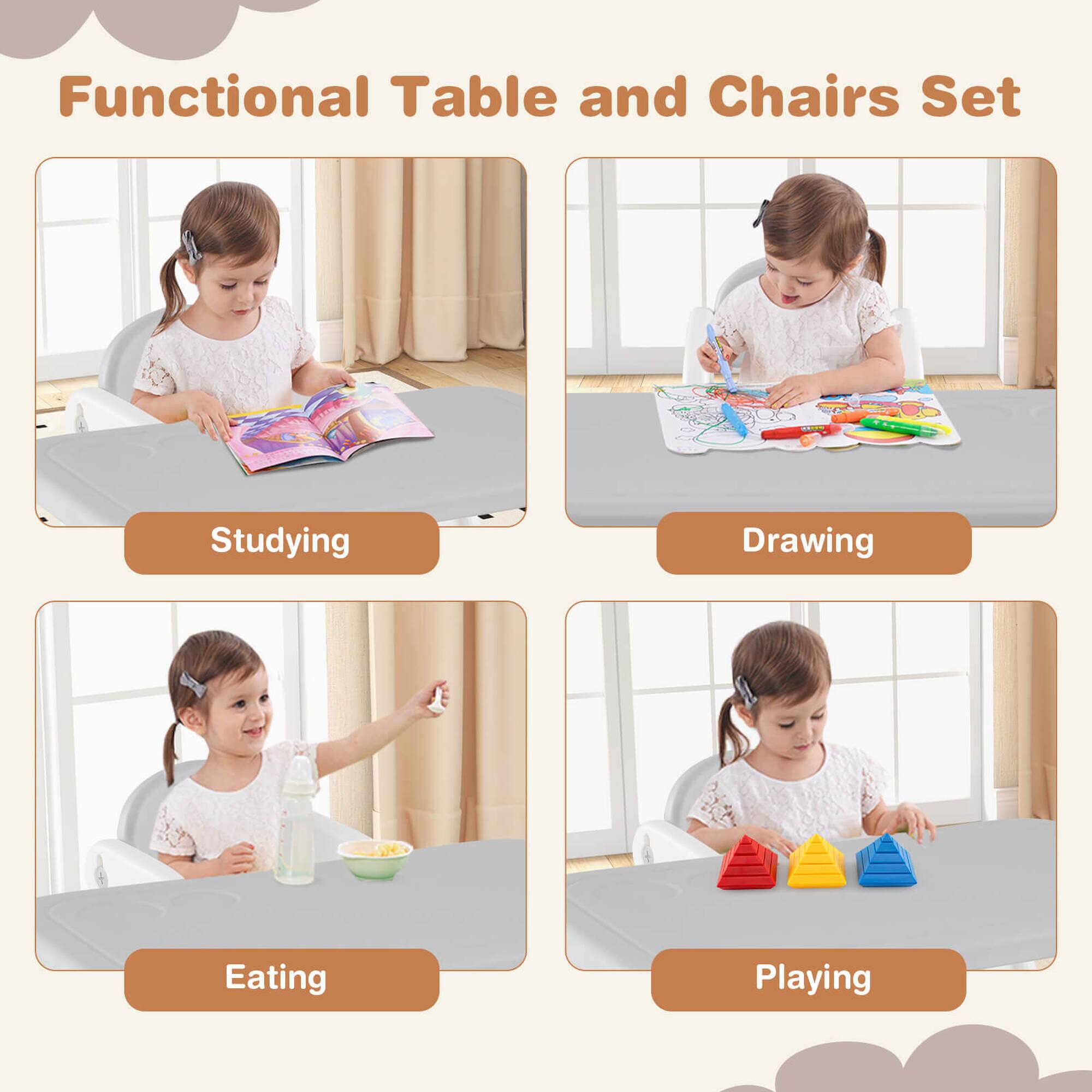 Functional Table and Chairs Set

- Studying
- Drawing
- Eating
- Playing