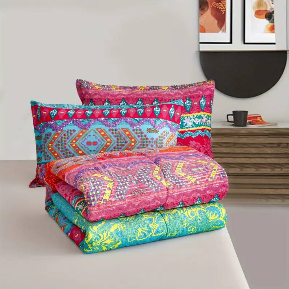 Back. Shatex - Fuchsia striped twin 2 pieces comforter set, fresh, bright, soft, and skin-friendly, available in multiple sizes - red.