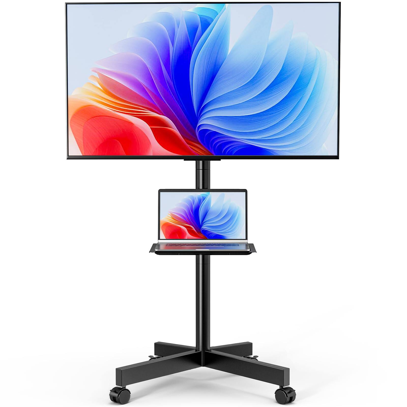 Hanke - Mobile Tv Stand For 23- Lcd Led Flat curved Panel Screen Tvs Height Adjustable Rolling Floor Cart With Tilt - Black