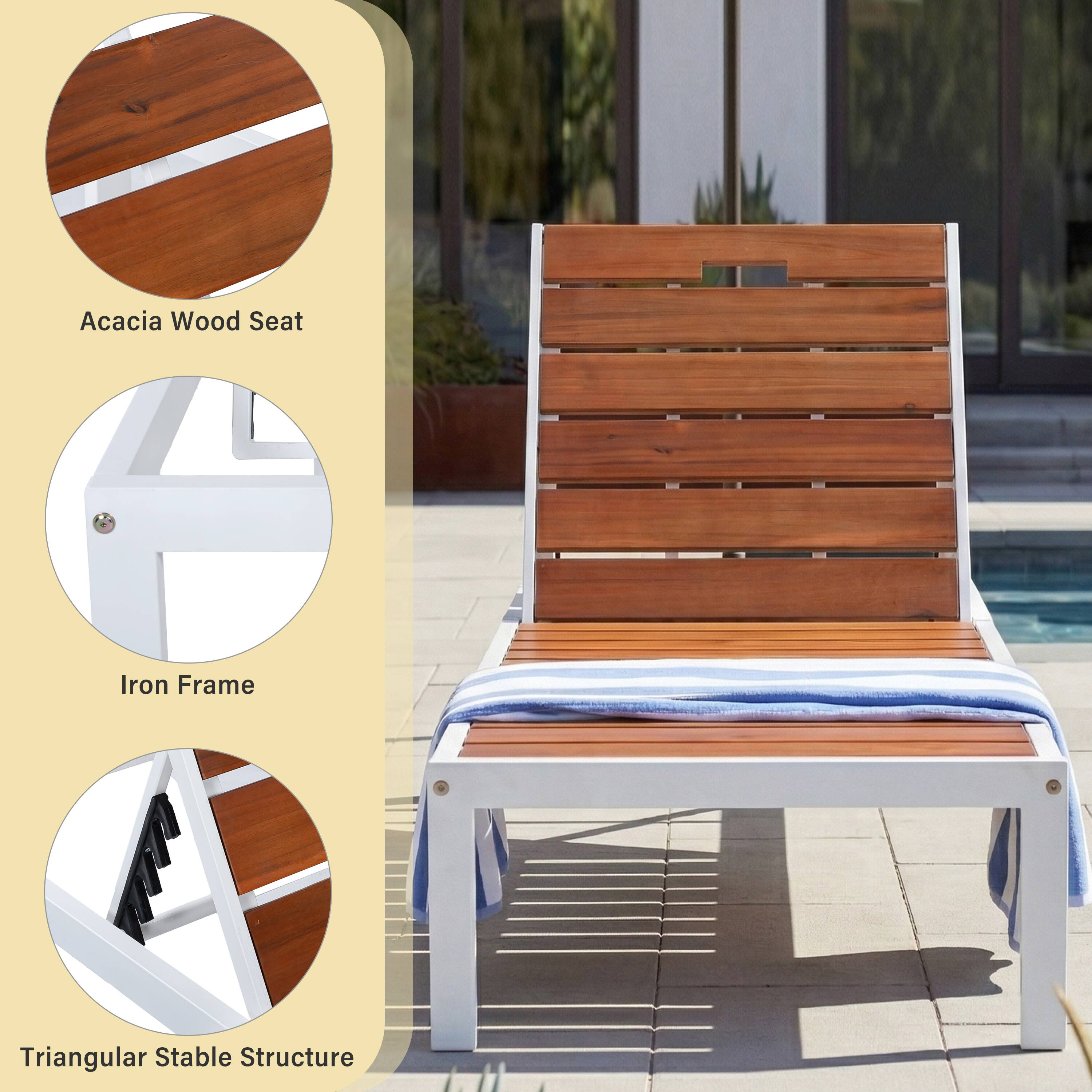 Acacia Wood Seat, Iron Frame, Triangular Stable Structure