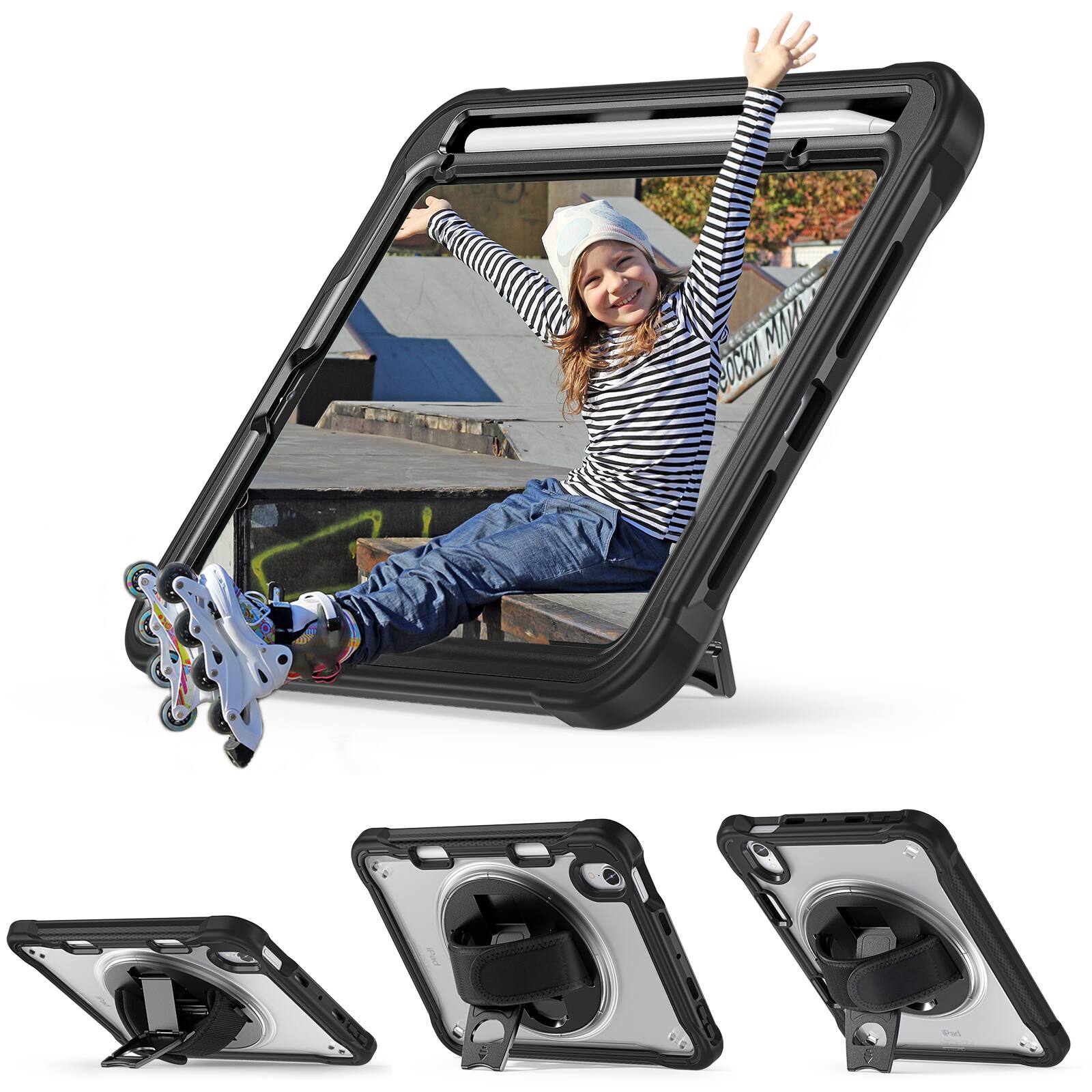 Alt View 1. UUCOVER - Built-in Screen Protector Case for iPad mini A17 Pro / mini 6th Gen,Shockproof TPU+PC Case Stand Cover+Shoulder Strap - Black / Clear.