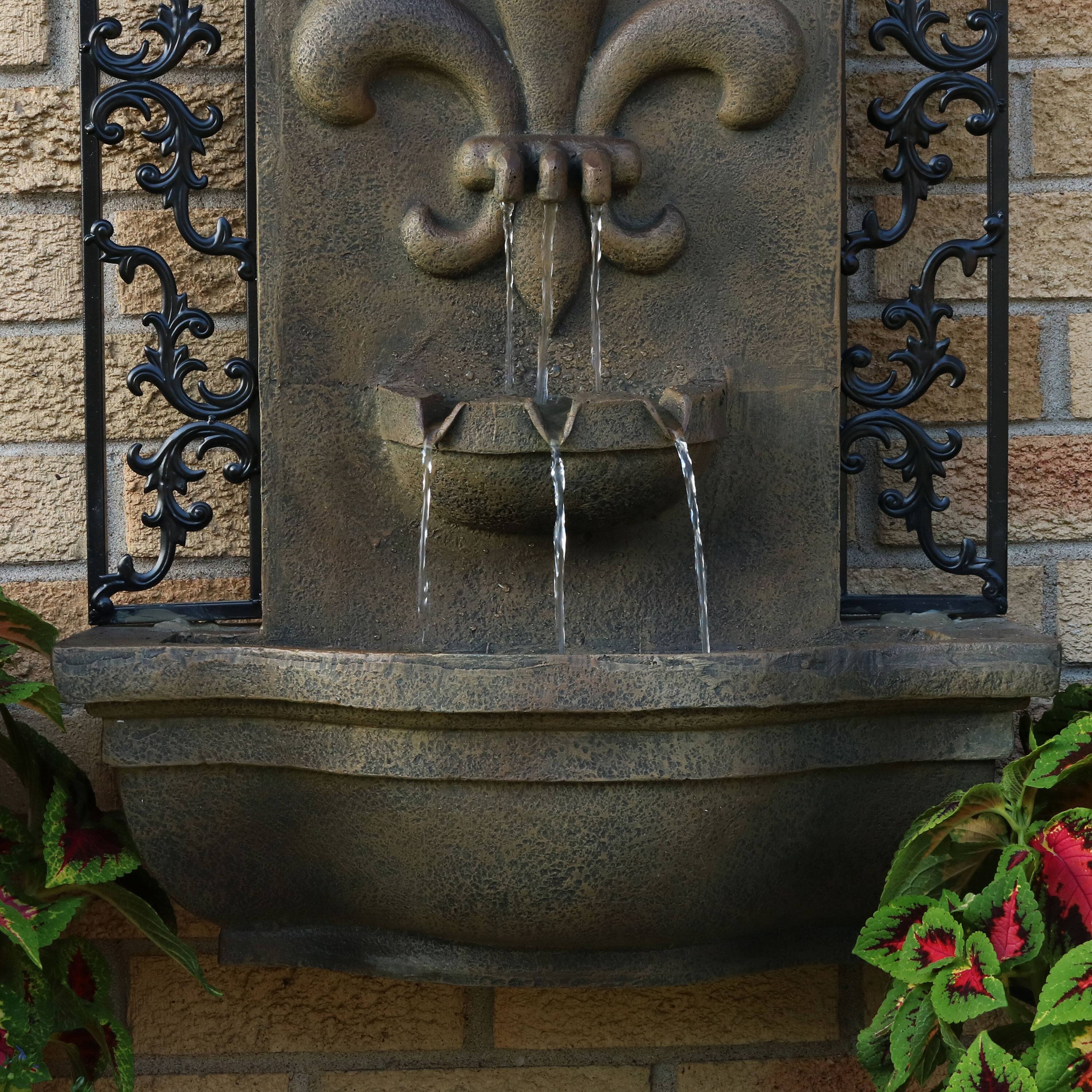 Alt View 5. Sunnydaze - French Lily Polystone Outdoor Solar Wall Fountain - Florentine Stone.