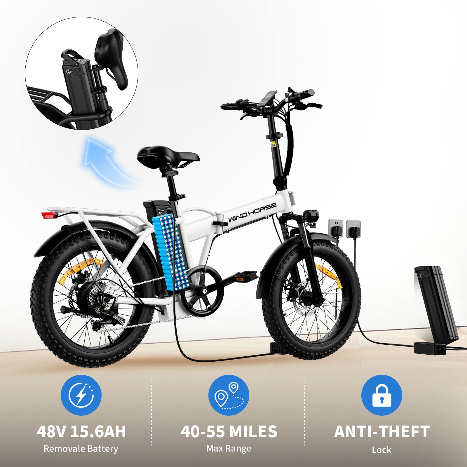 + HORSE CNIM  
11 48V 15.6AH Removable Battery  
40-55 MILES Max Range  
ANTI-THEFT Lock