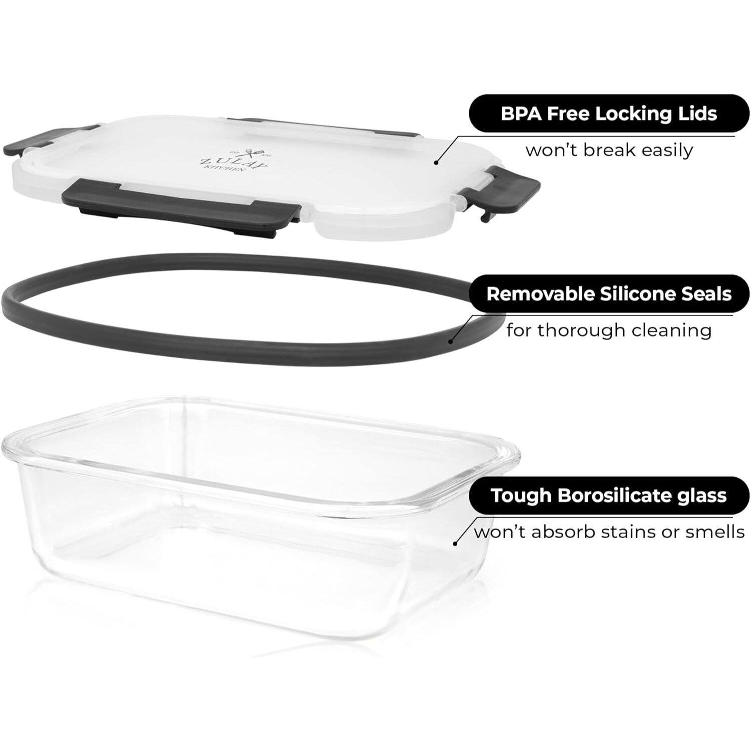 A N E BPA Free Locking Lids won't break easily Removable Silicone Seals for thorough cleaning Tough Borosilicate glass won't absorb stains or smells