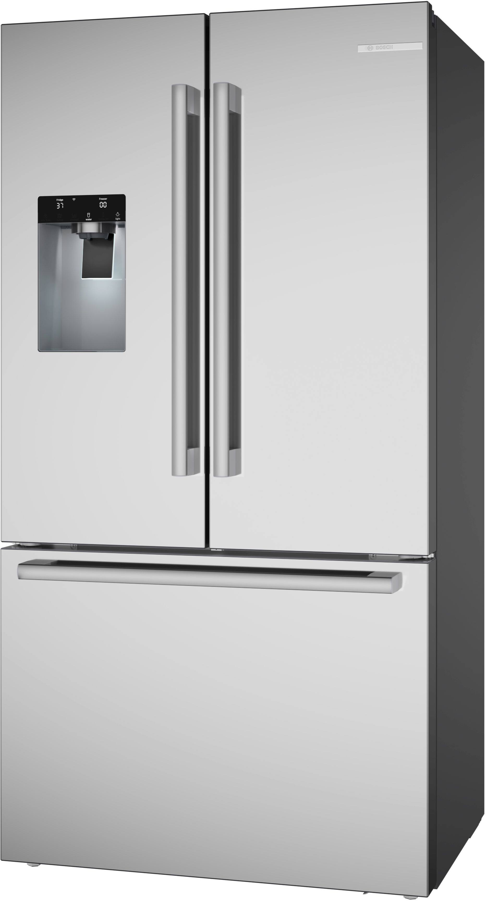 Angle. Bosch - 500 Series 21 Cu. Ft. Bottom-Freezer French Door Counter-Depth Smart Refrigerator with External Water and Ice - Stainless Steel.