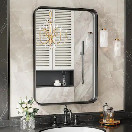 Front. DOMETOUR - 30"×22" Black Bathroom Mirror Vanity Mirror for Wall - Black.