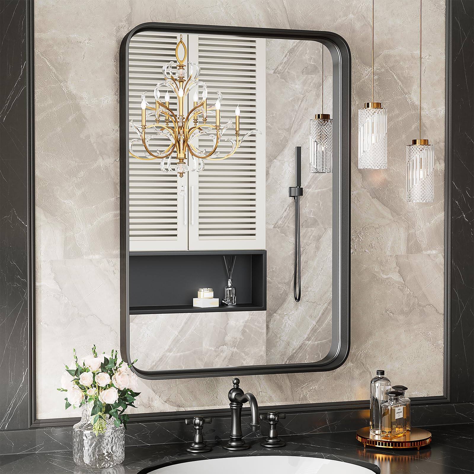 Front. DOMETOUR - 30"×22" Black Bathroom Mirror Vanity Mirror for Wall - Black.