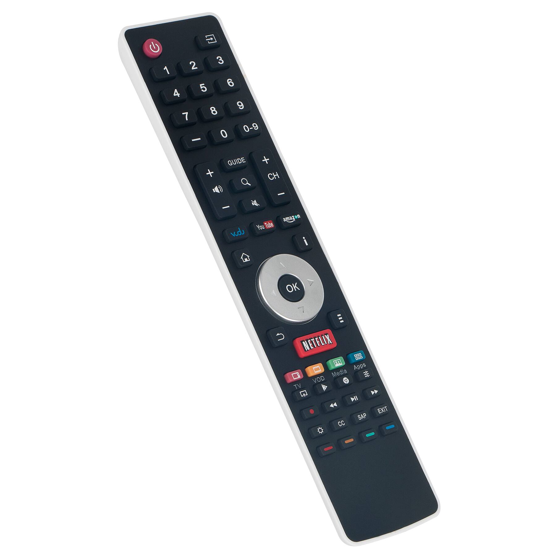 1 2 3  
4 5 6  
7 8 9  
0-9 0  

GUIDE  
CH  

+  
-  

YouTube  
Netflix  

OK  

TV  
VOD  
Media  
Apps  

NETFLIX  

CC  
SAP  
EXIT