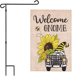 G128 - 36 x 16 in Garden Flag Stand with 12 x 18 in Double-Sided Burlap Welcome Gnome Sunflower Car Flag - Assorted Colors