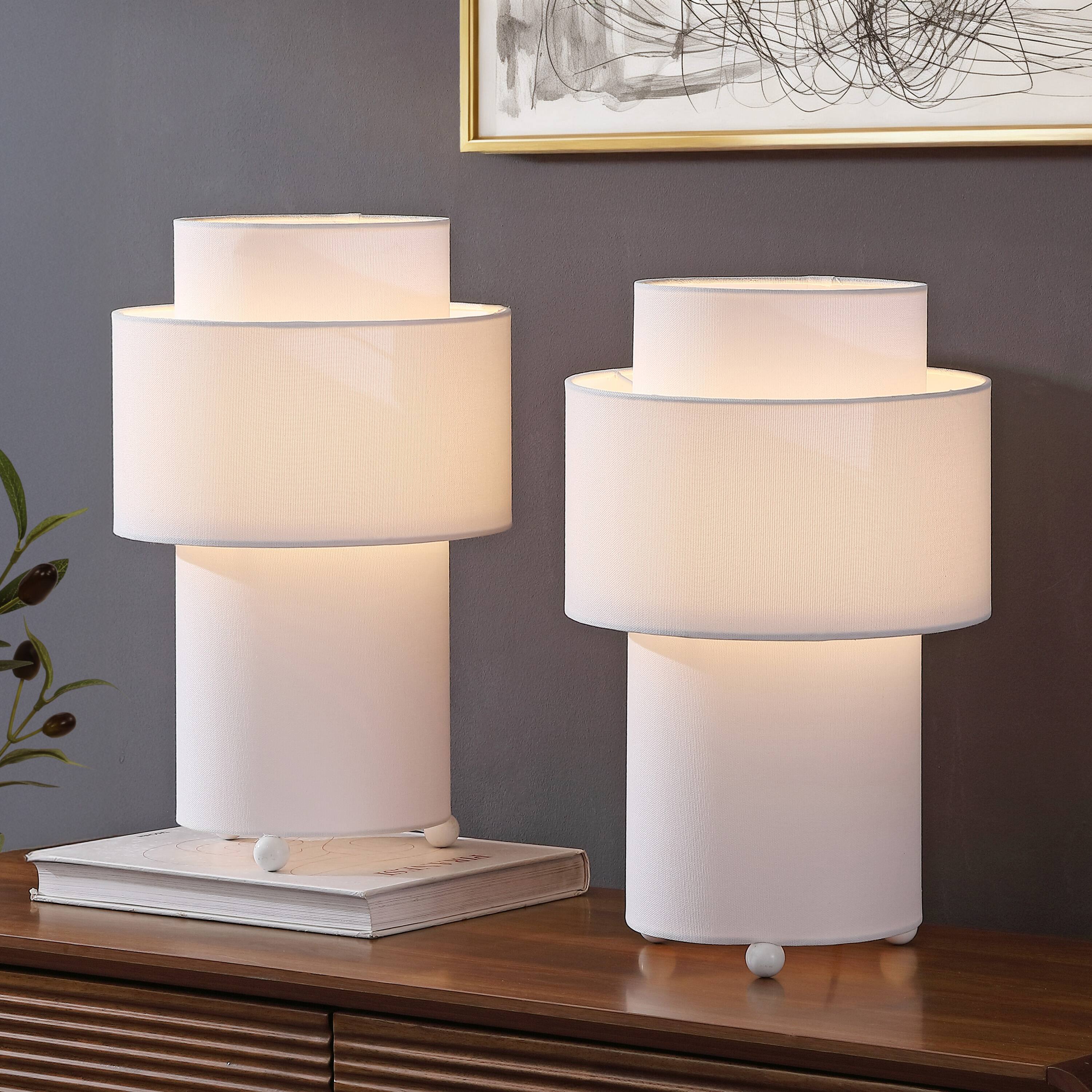 Alt View 1. Jonathan Y - Franklin 17.5" White Cylinder LED Table Lamp Set of 2 with Fabric Drum Shade, Modern for Bedside or Living Room - White.