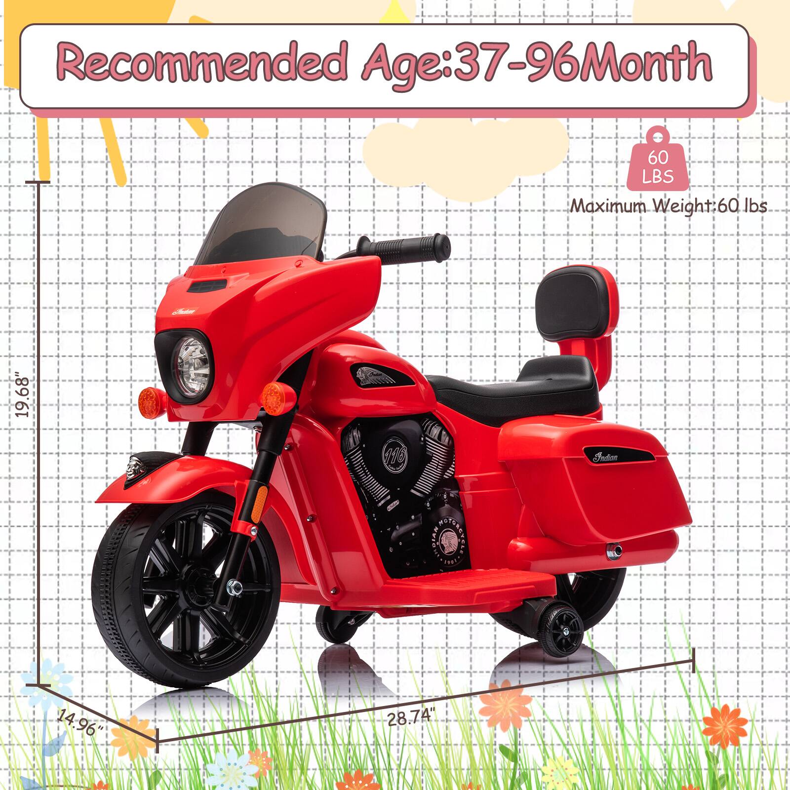 Recommended Age: 37-96 Month

Maximum Weight: 60 lbs

19.68" (Height)

14.96" (Width)

28.74" (Length)