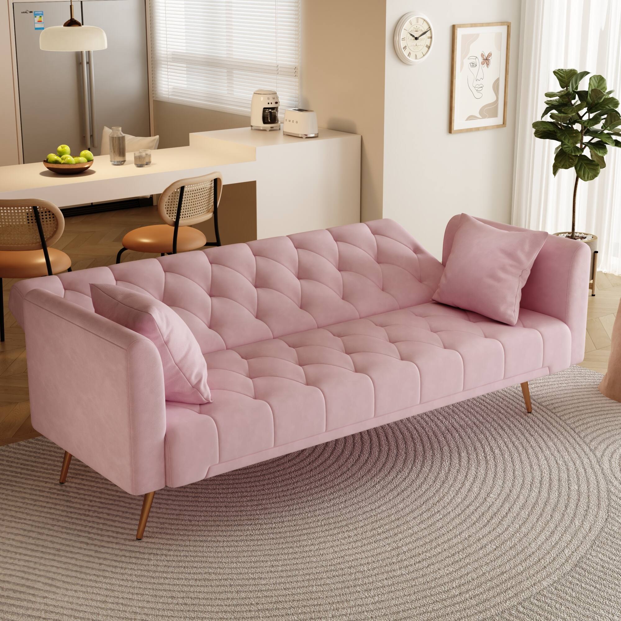 Back. GOODSILO - Convertible Velvet Sofa Bed with Adjustable Backrest for Small Spaces, Living Room and Office Use - Pink.