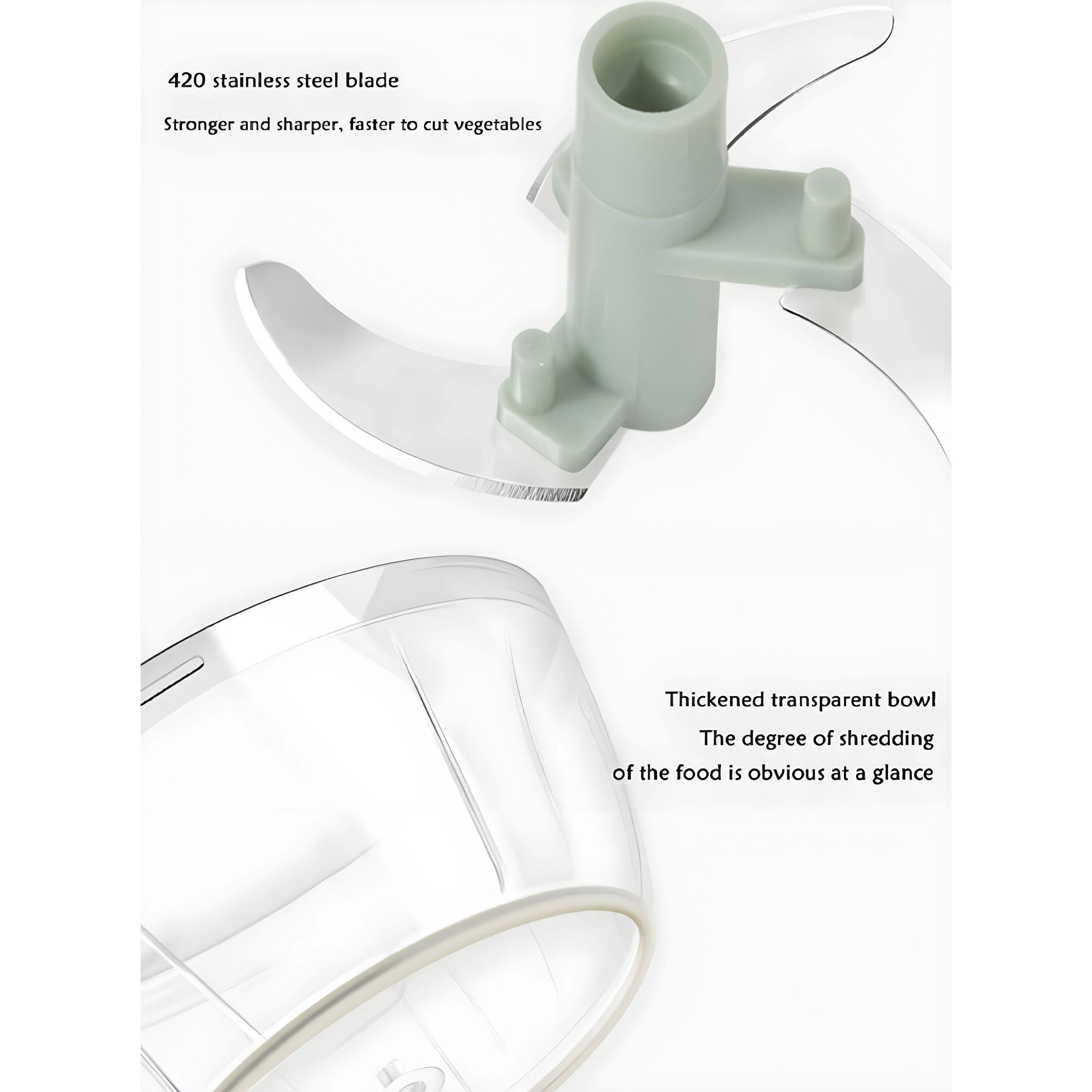 420 stainless steel blade  
Stronger and sharper, faster to cut vegetables  

Thickened transparent bowl  
The degree of shredding of the food is obvious at a glance