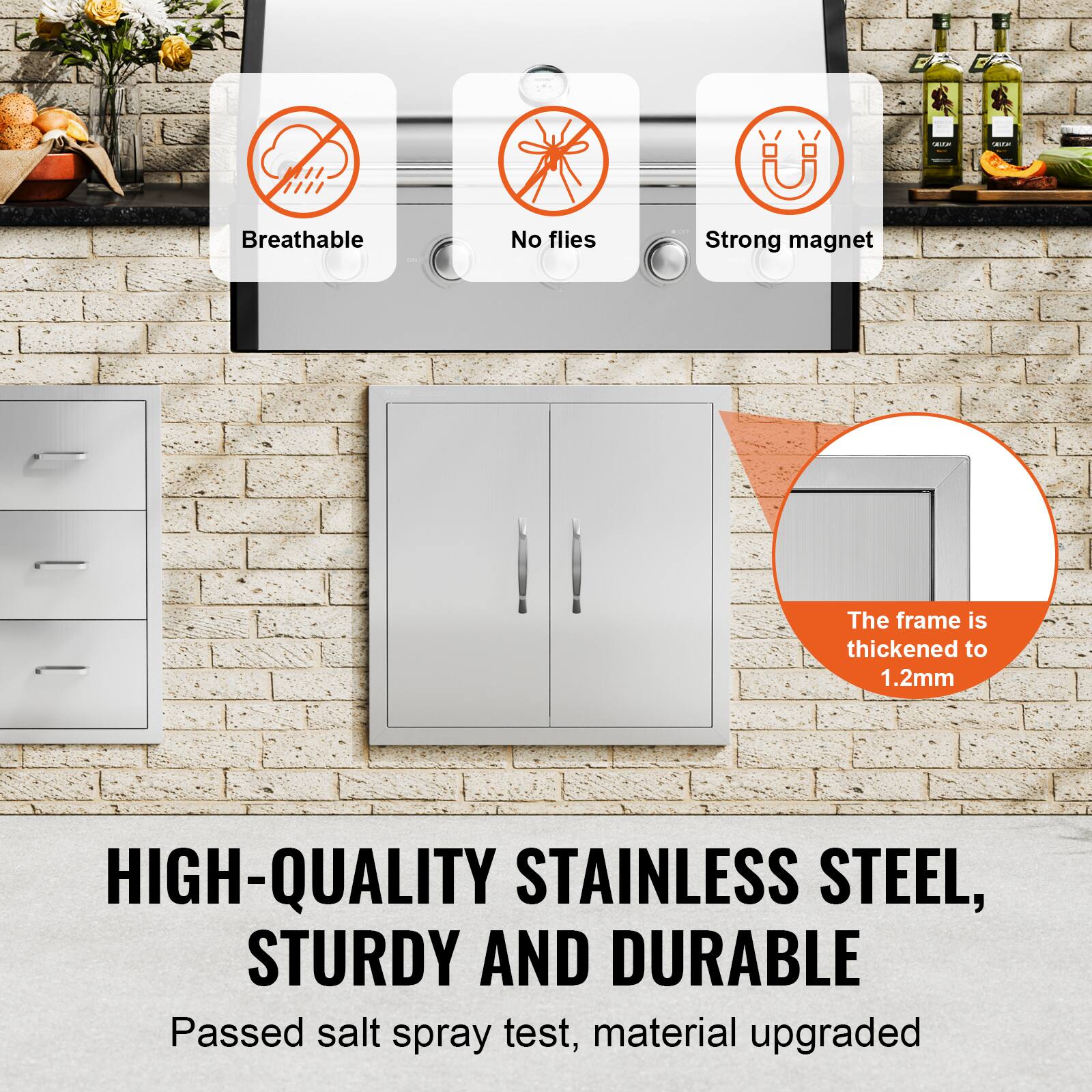 Breathable  
No flies  
Strong magnet  

The frame is thickened to 1.2mm  

HIGH-QUALITY STAINLESS STEEL, STURDY AND DURABLE  

Passed salt spray test, material upgraded