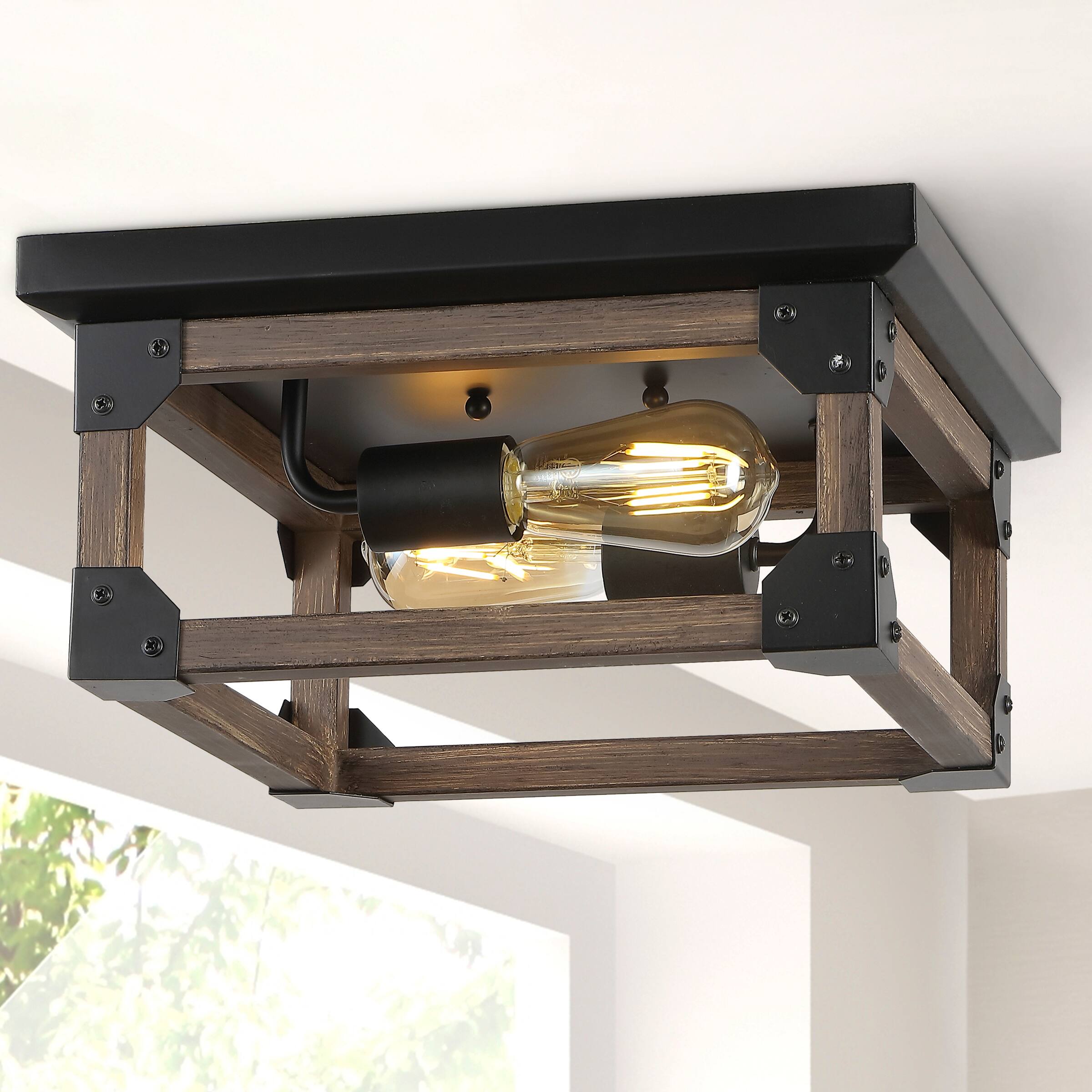 Alt View 1. Jonathan Y - Cheshire 13" 2-Light Iron Rustic Farmhouse LED Flush Mount, Brown/Black - Brown/Black.
