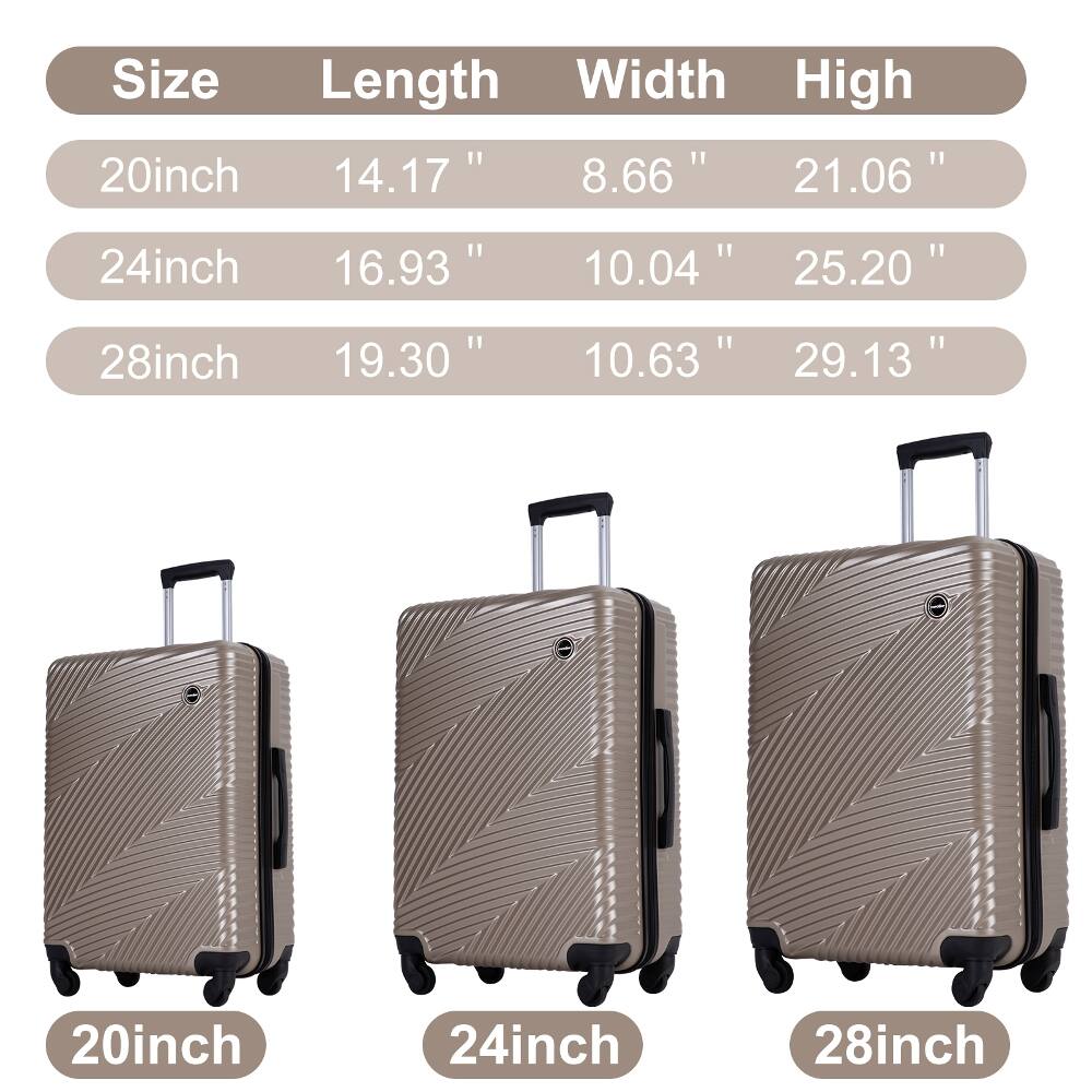 Size Length Width High  
20inch 14.17" 8.66" 21.06"  
24inch 16.93" 10.04" 25.20"  
28inch 19.30" 10.63" 29.13"