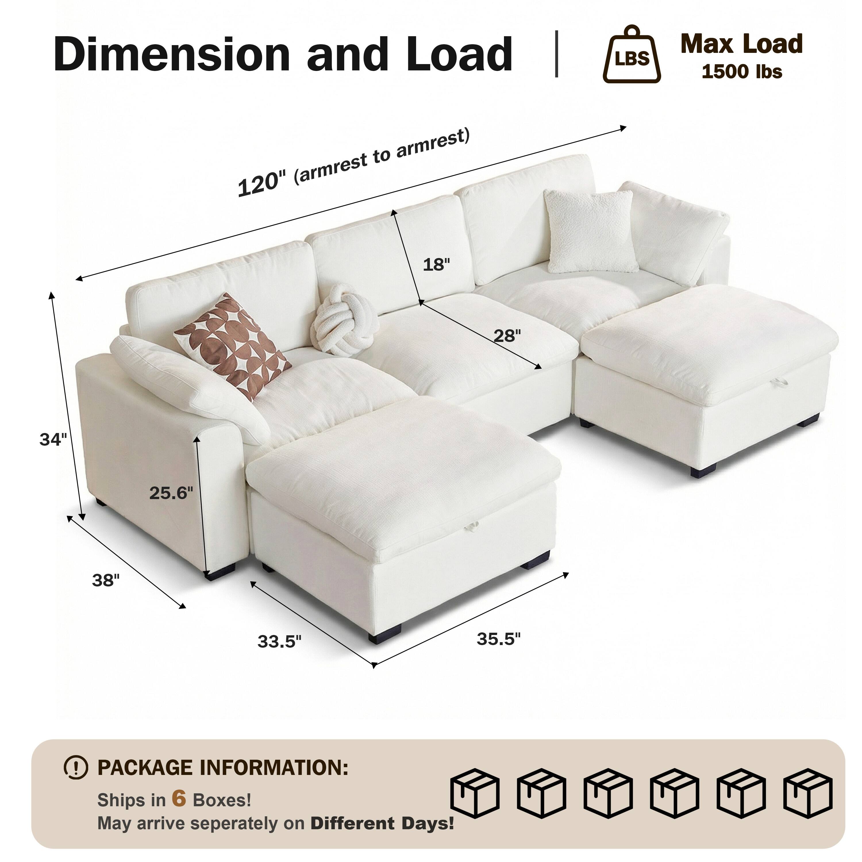 Dimension and Load  
Max Load: 1500 lbs  

120" (armrest to armrest)  
18"  
28"  
34"  
25.6"  
38"  
33.5"  
35.5"  

PACKAGE INFORMATION:  
Ships in 6 Boxes!  
May arrive separately on Different Days!