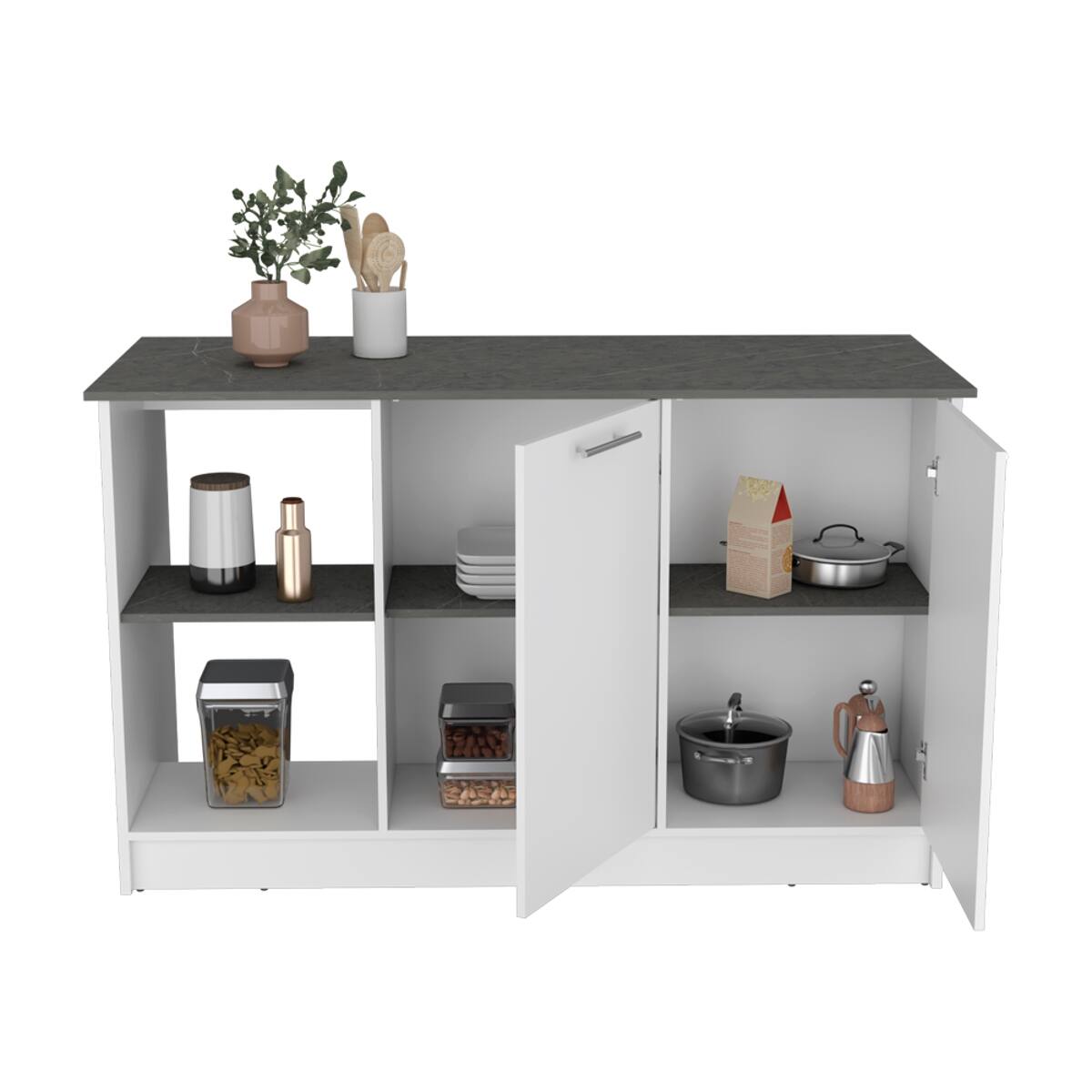 Alt View 4. Loheer - Loheer White Onyx Kitchen Island with Open Shelves 59 Inch Countertop - White / Onyx.